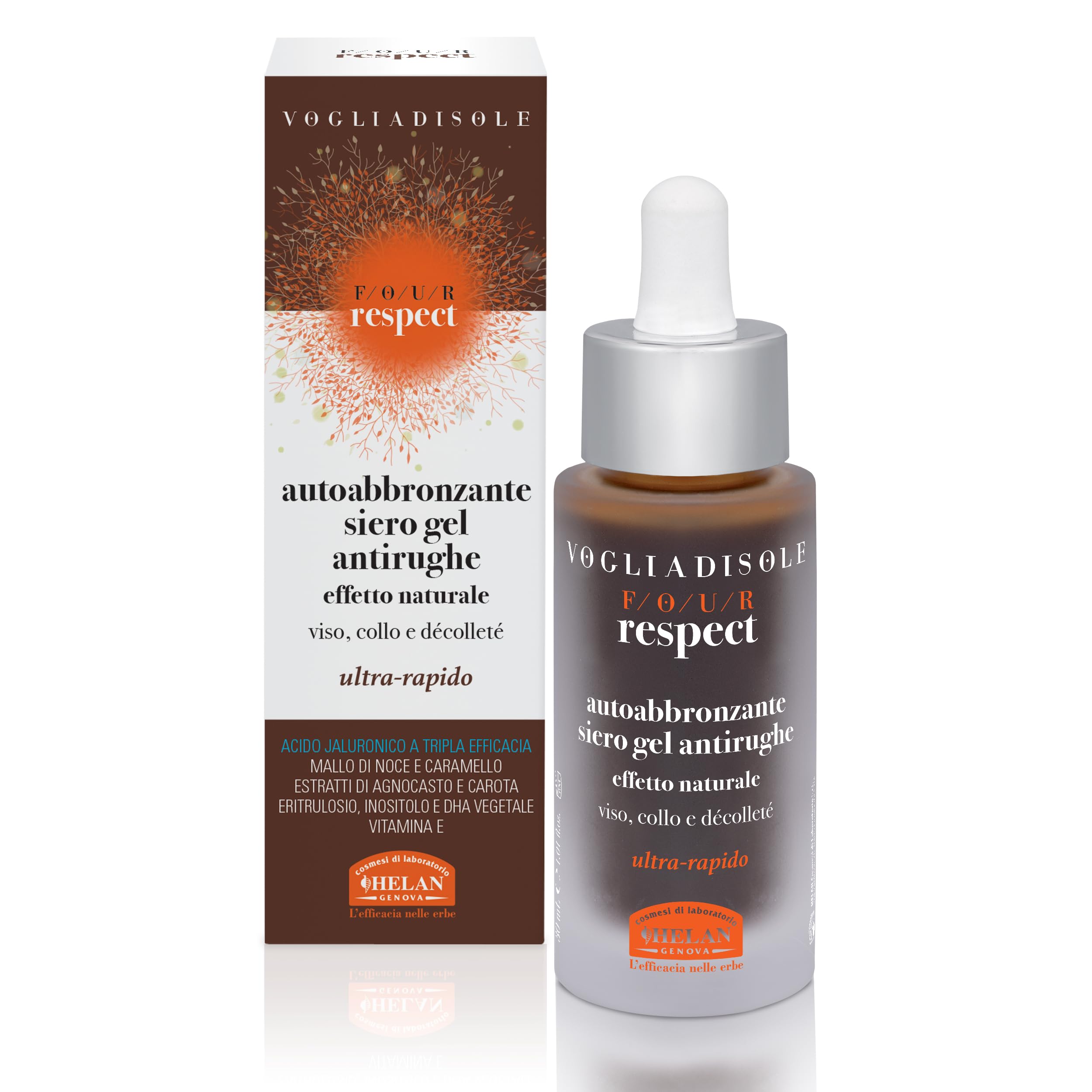 Helan, Vogliadisole Respect, Hyaluronic Acid Face Serum Self Tanning Anti-Wrinkle Gel with Vitamin E, Inositol and Agnocactus