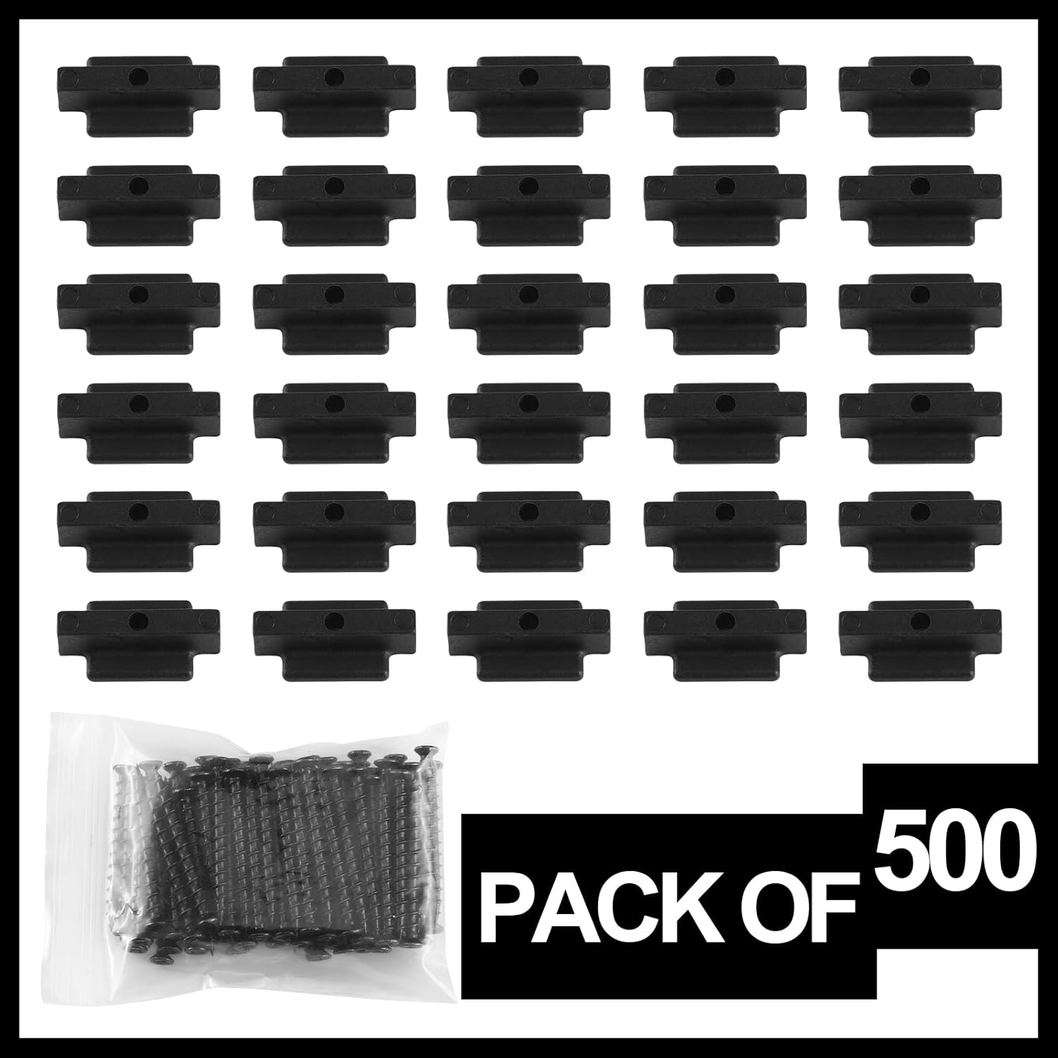 Bucherry 500 Packs Hidden Fasteners Nylon Clips for Deck Fastening, Composite Decking Fasteners with Metal 40mm Black Square Slot Screws, for Deck Boards Fastening, Nylon Plastic T Clips for Decking