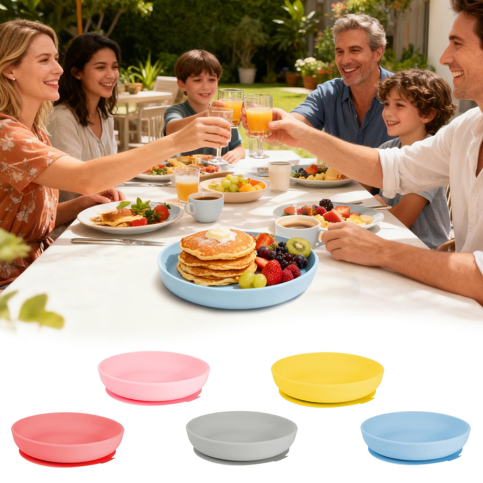 Plato de silicona antideslizante para ancianos, diseño de ventosa adaptable, vajilla antiderrames fácil de limpiar para comer de forma independiente, juego de 5 piezas