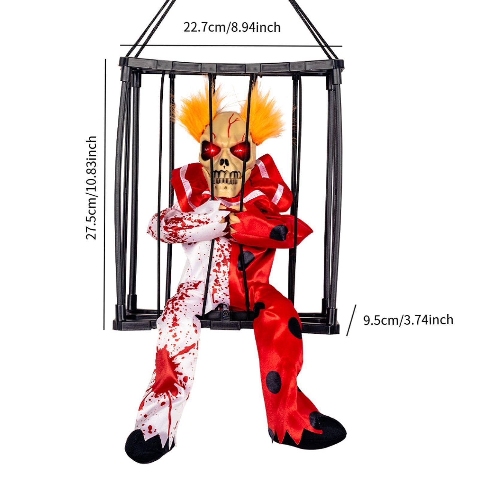 Halloween Hängehorrorfigur Skelett Gefangener Käfig mit Sprechender Dekoration Leuchtende Augen Schreifunktion Pp Material für Hausparty Gartendekorat, Rot-Weiss