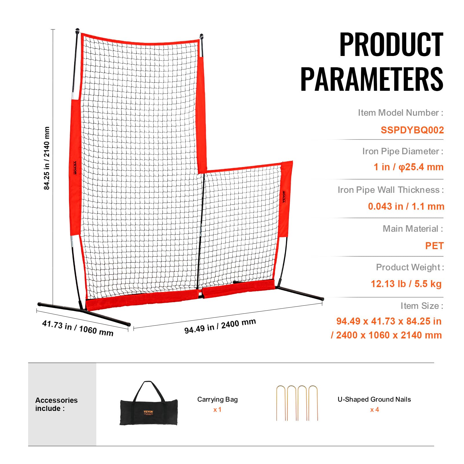 VEVOR Écran Protecteur de Baseball en Forme de L, Filet de Protection Softball 240x214 cm, Portable avec Sac de Transport