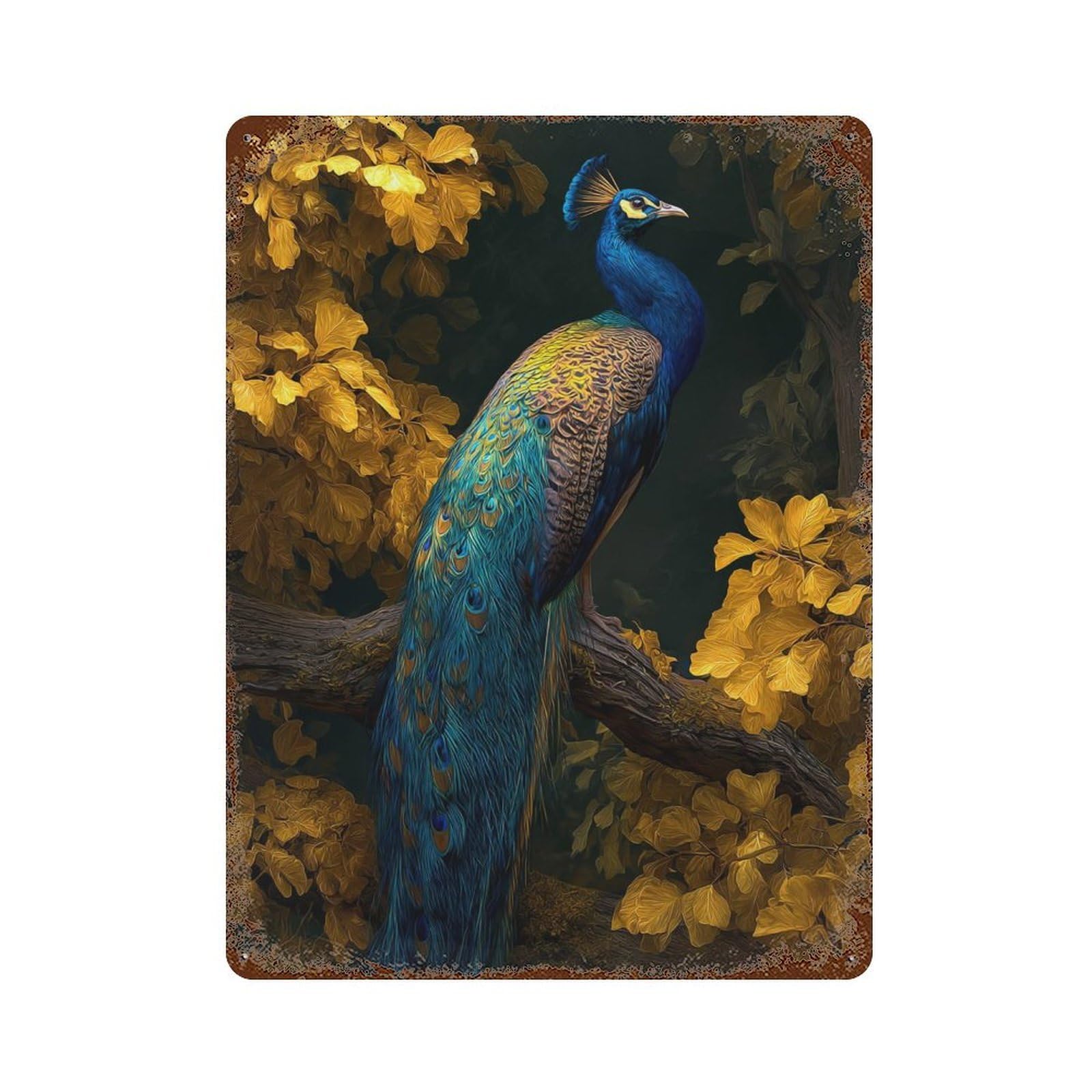 Peacock on Tree Branch Vintage Wall Sign 15.7"x11.8", Rust Effect Metal Decor for Living Room, Hallway And Home Decor