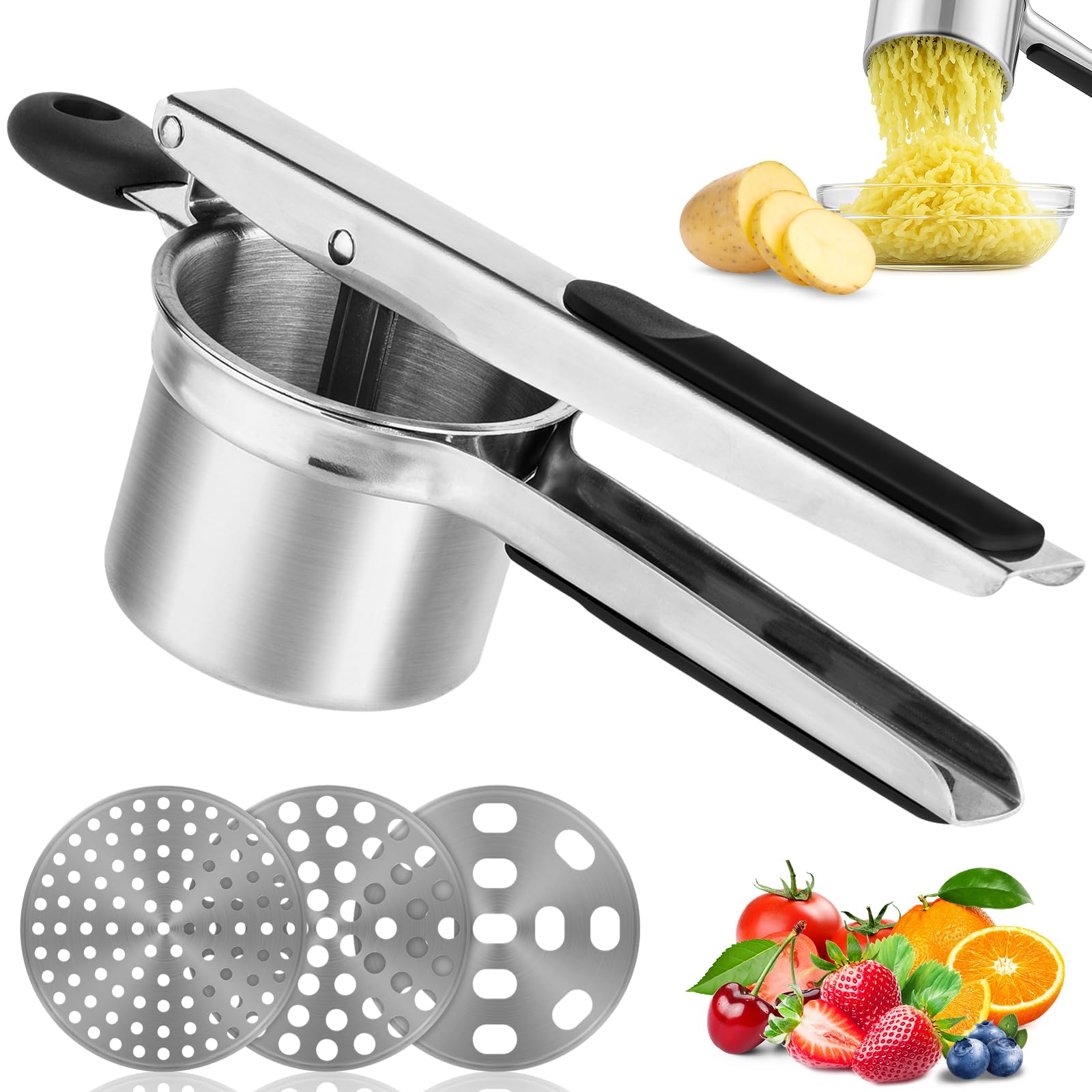 CIRULLI schiacciapatate,schiacciapatate Acciaio inox a tre Maglie Intercambiabili,torchio per Melanzane in Acciaio inox per Preparare Purè di Patate,Puree e Succhi di Verdure lisci come Spremiverdure