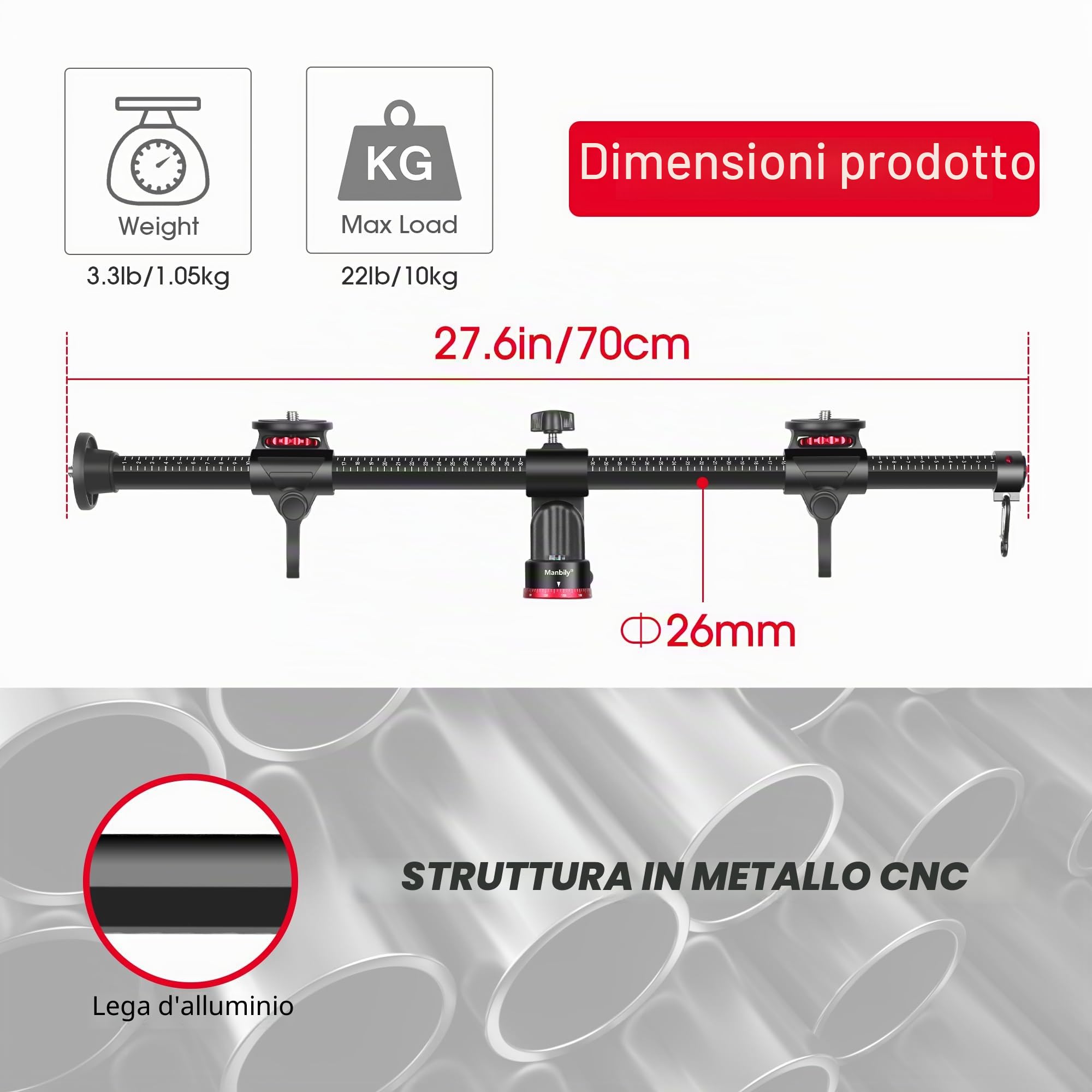 Manbily Braccio di estensione per treppiede, colonna centrale orizzontale da 70,1 cm, barra per accessori per treppiedi in alluminio a tre montaggi, braccio girevole a 360 ° per riprese in testa per