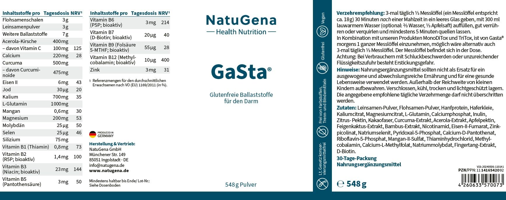 NautuGena GaSta/Glutenfreie Ballaststoffe, Vitamine & Mineralstoffet/Hoher Anteil an L-Glutamin und Curcuma/ 548g Pulver (1-Monats-Packung)