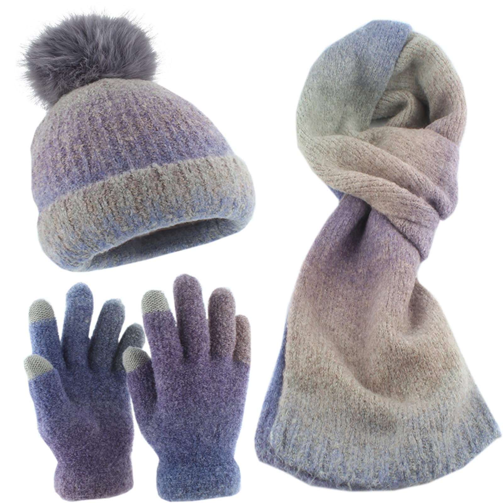 Juego de gorro de punto degradado para adultos, unisex, actividades al aire libre, ropa de punto cálida para esquí, senderismo, gorro de punto térmico, guantes de bufanda