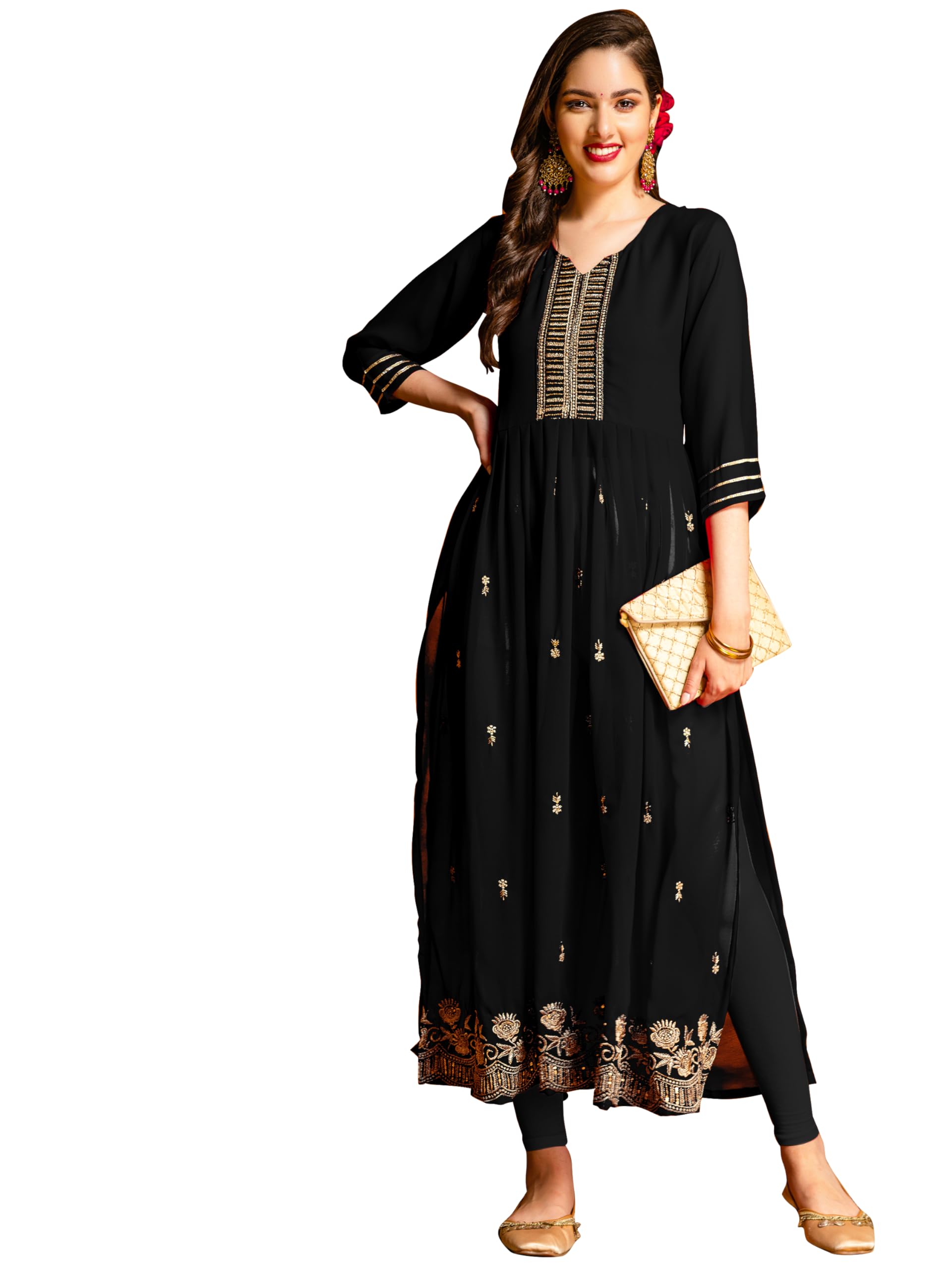 EthnicJunctionWomen's Georgette Embroidered Naira Cut A-Line Kurta
