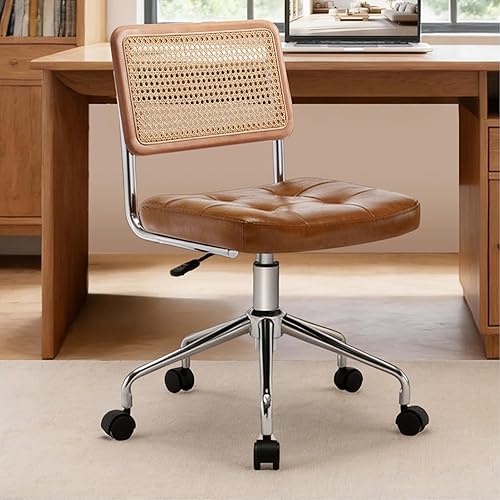 Miniatura 10 de Zesthouse Silla moderna de oficina en casa, silla de escritorio de cuero con respaldo de ratán, silla de tocador para niñas y mujeres, sillón