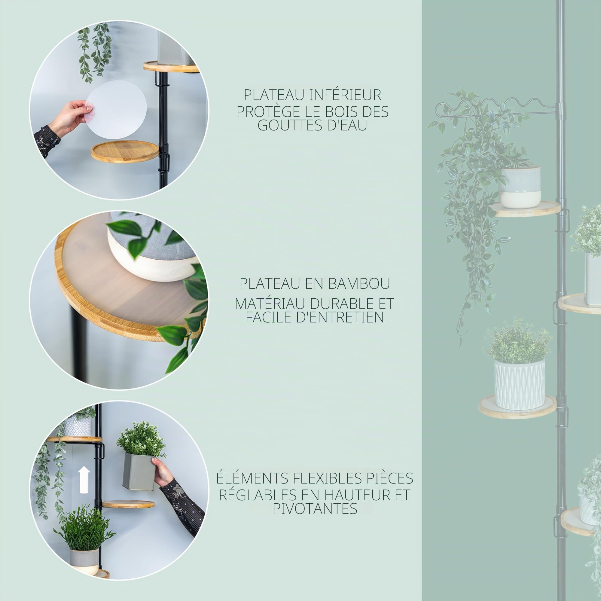 bremermann Étagère à fleurs télescopique avec 4 étagères et aide à l'escalade, adaptée à une utilisation dans le salon ou la cuisine - avec une hauteur d'installation de 140 à 290 cm, noir