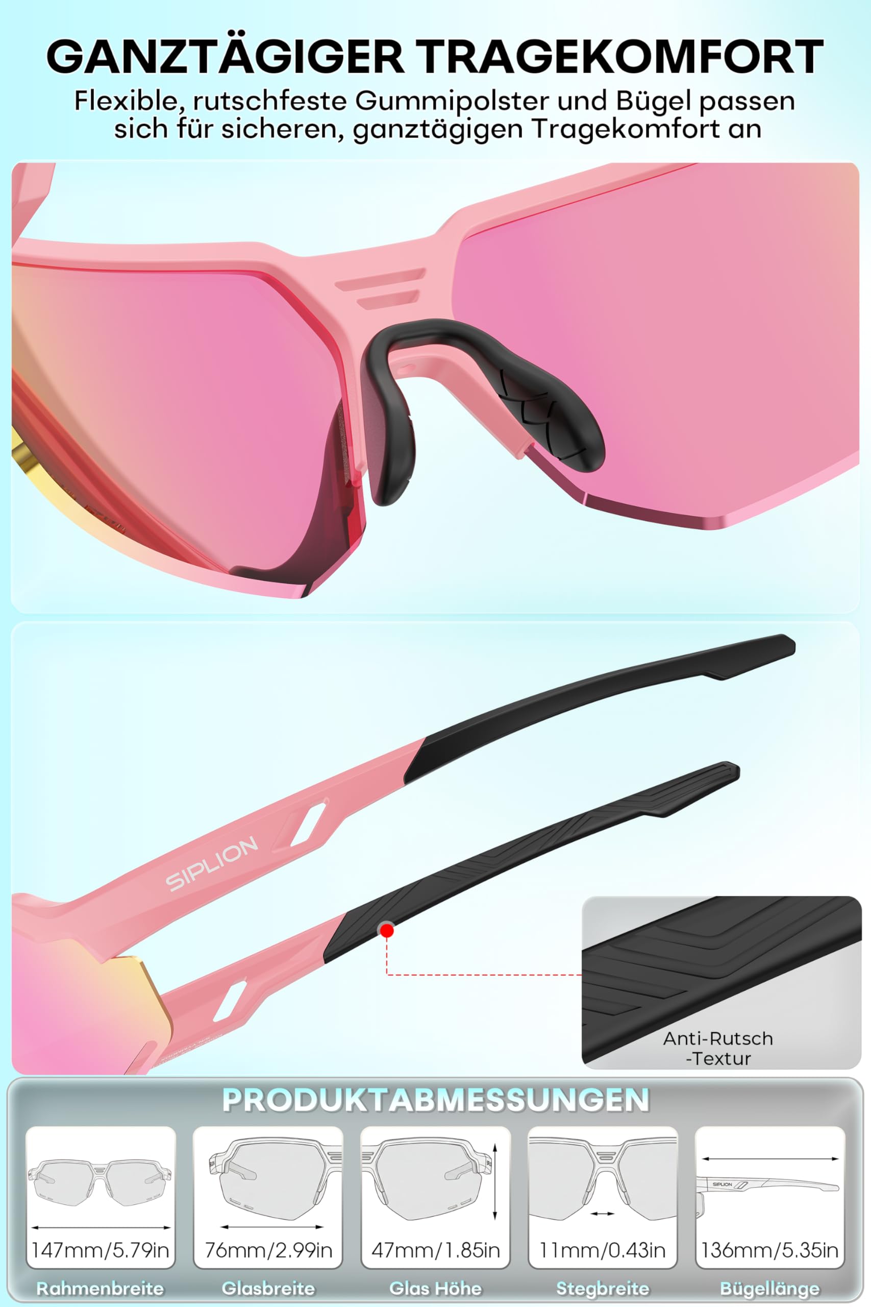 SIPLION Polarisiert Sonnenbrille Herren Sport: UV400 Schutz TR90 Rahmen Rutschfest Umschließend für Fahren Golf Angeln Laufen