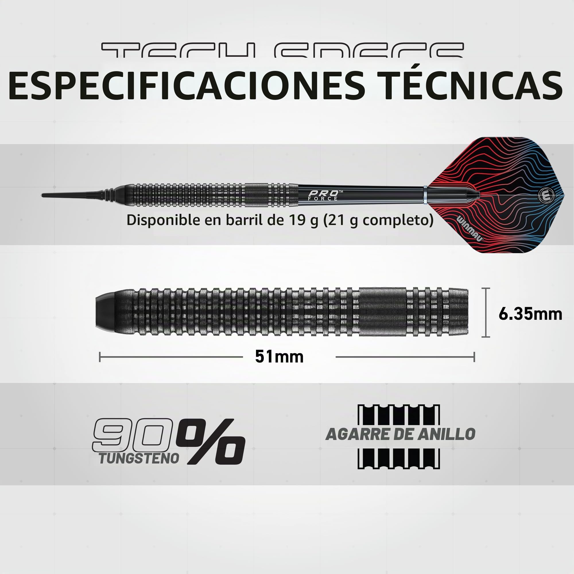 WINMAU Darts Solaris Pro 19 g Barril/21 g Peso total Juego de dardos profesionales de punta blanda de tungsteno con aletas y varillas (varillas)