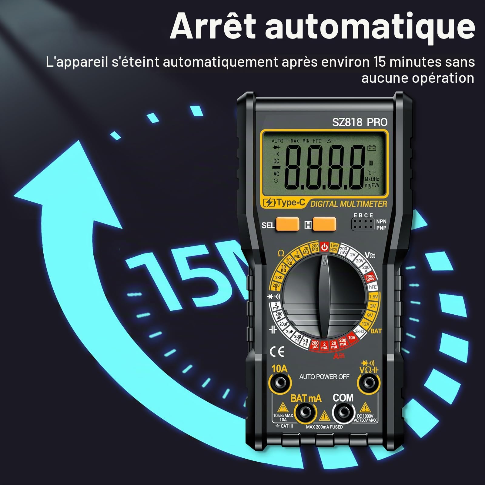 Multimètre numérique rechargeable - Multimètre numérique intelligent - Testeur de tension électrique - Batterie intégrée - Fonction de détection NCV - AC/DC - Résistance - Capacité - Fil neutre