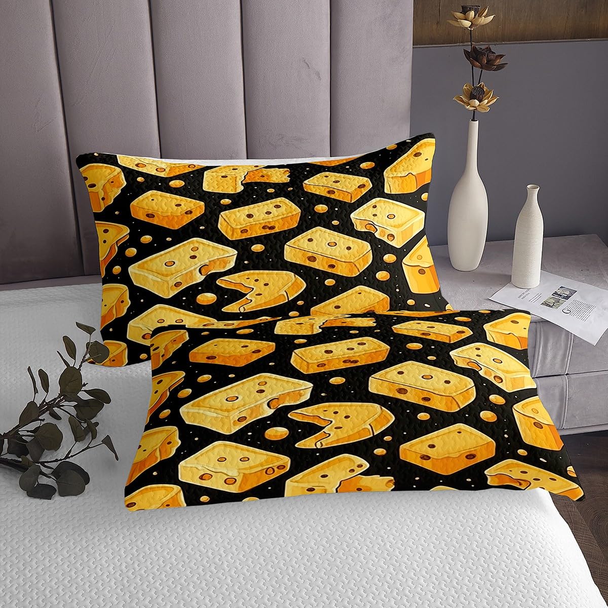 Homemissing Formaggio Cartoon Formaggio Copriletto 260x240cm per Bambini Ragazzi Ragazze Delizioso cibo Trapuntato Nero Giallo Copriletto Trapuntato 3 pezzi
