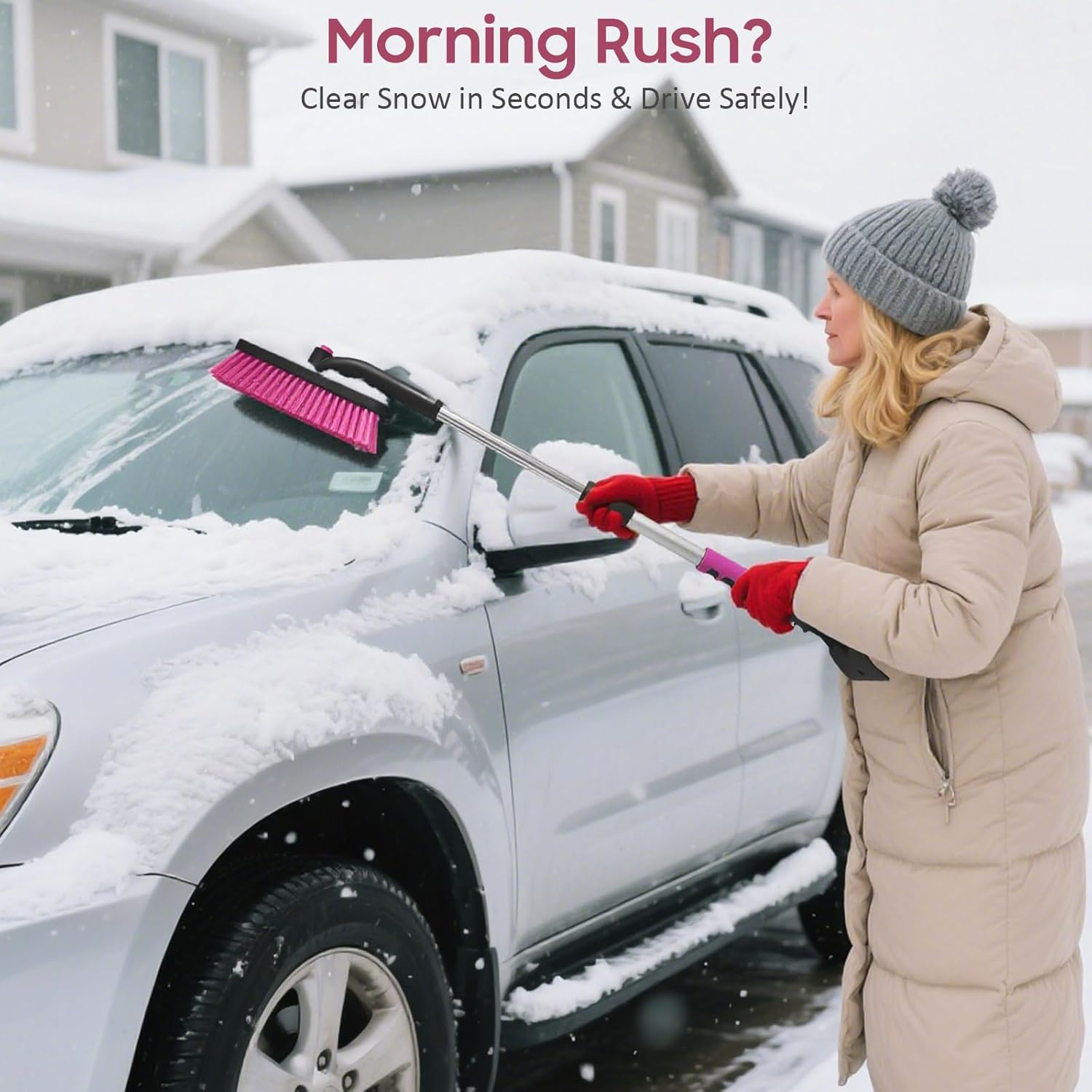 YeewayVeh 39" Snow Brush and Ice Scrapers for Car Windshield, 360° Pivoting Brush Head with Comfort Foam Grip, 3 IN 1 Extendable Car Scraper Snow Brush for SUV Trucks Sedans, Pink (Single)