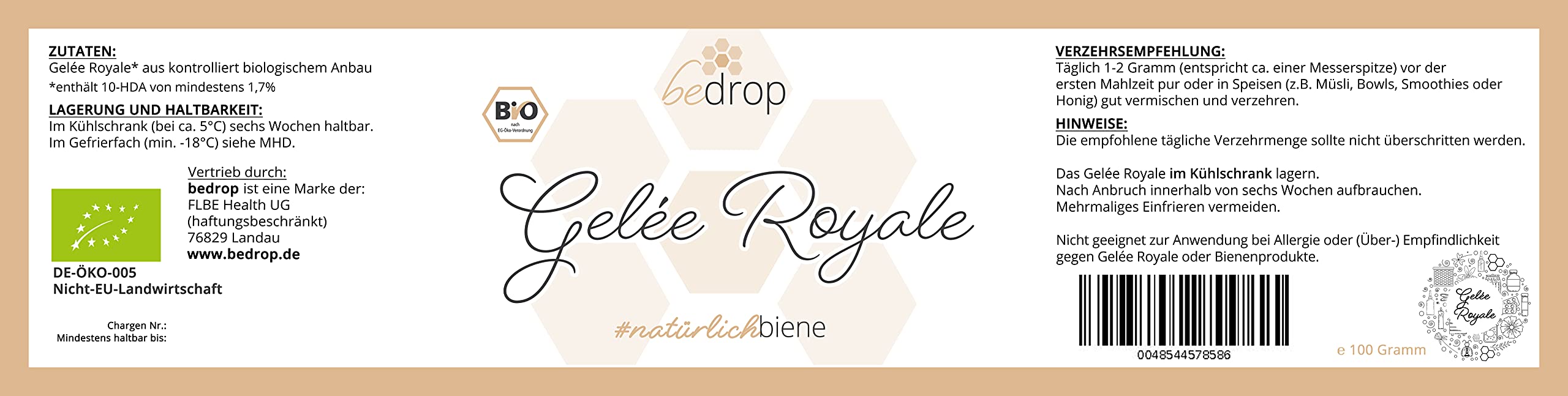 bedrop Bio Gelée Royal frisch & pur 100g in Bio Qualität I 10-HDA Gehalt >1,7% - 100% natürliche Bienenmilch - Frisches Gelee Royale vom Imker