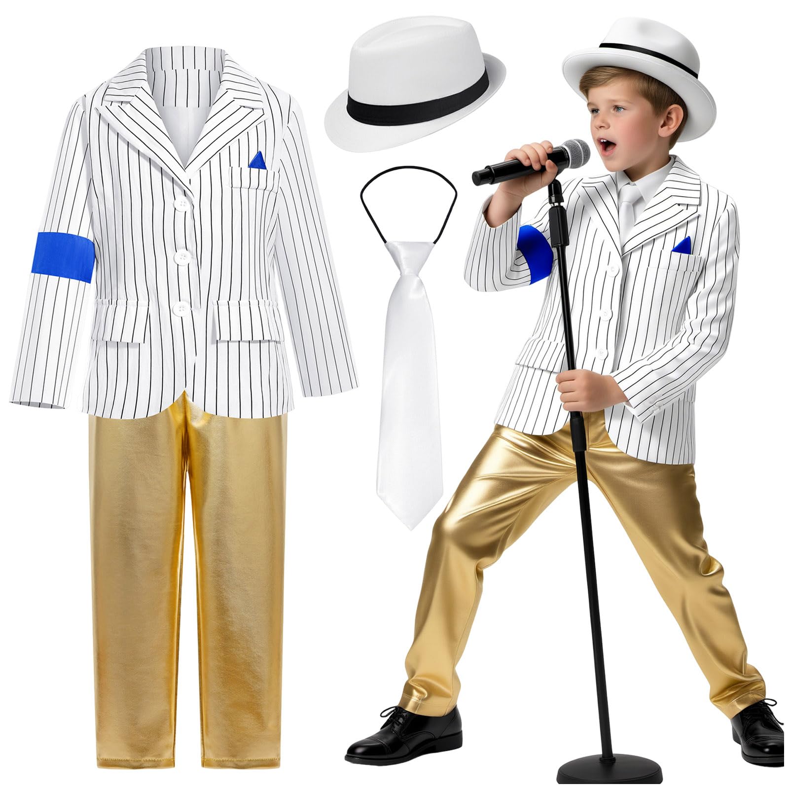 Kids Performance Outfit Sequin Costume for Boys Girls Jacket Pants Gloves Sunglasses Hat Sets Stage Party Halloween Cosplay Dance Wear Show 80s Disco Outfit Pop Star Costume