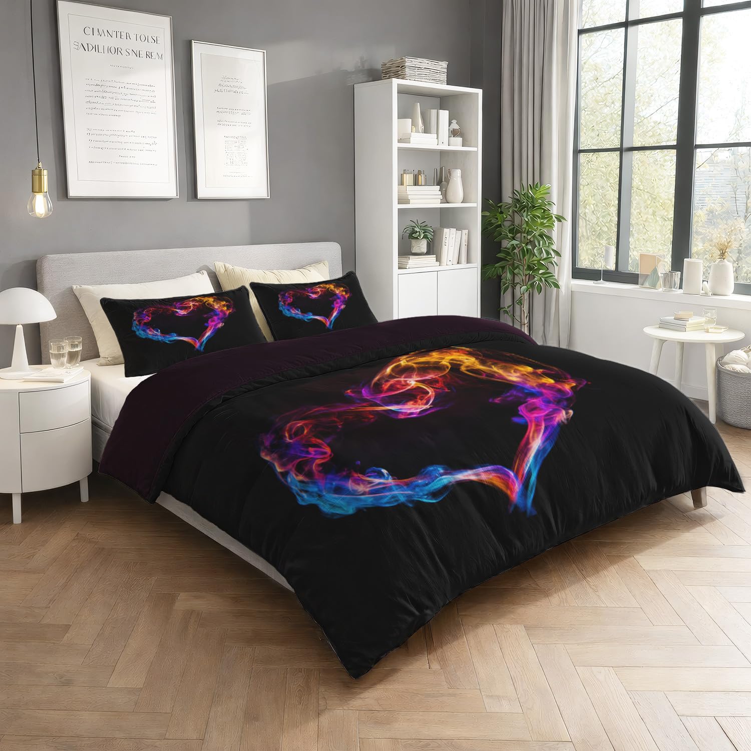 Generisch Fantasy pościel 180 x 200 cm – serce płomień dym, romantyczna, psychodeliczna pościel – oddychająca i przyjazna dla skóry – tęczowa poszewka na kołdrę z 2 poszewkami na poduszkę 80 x 80 cm