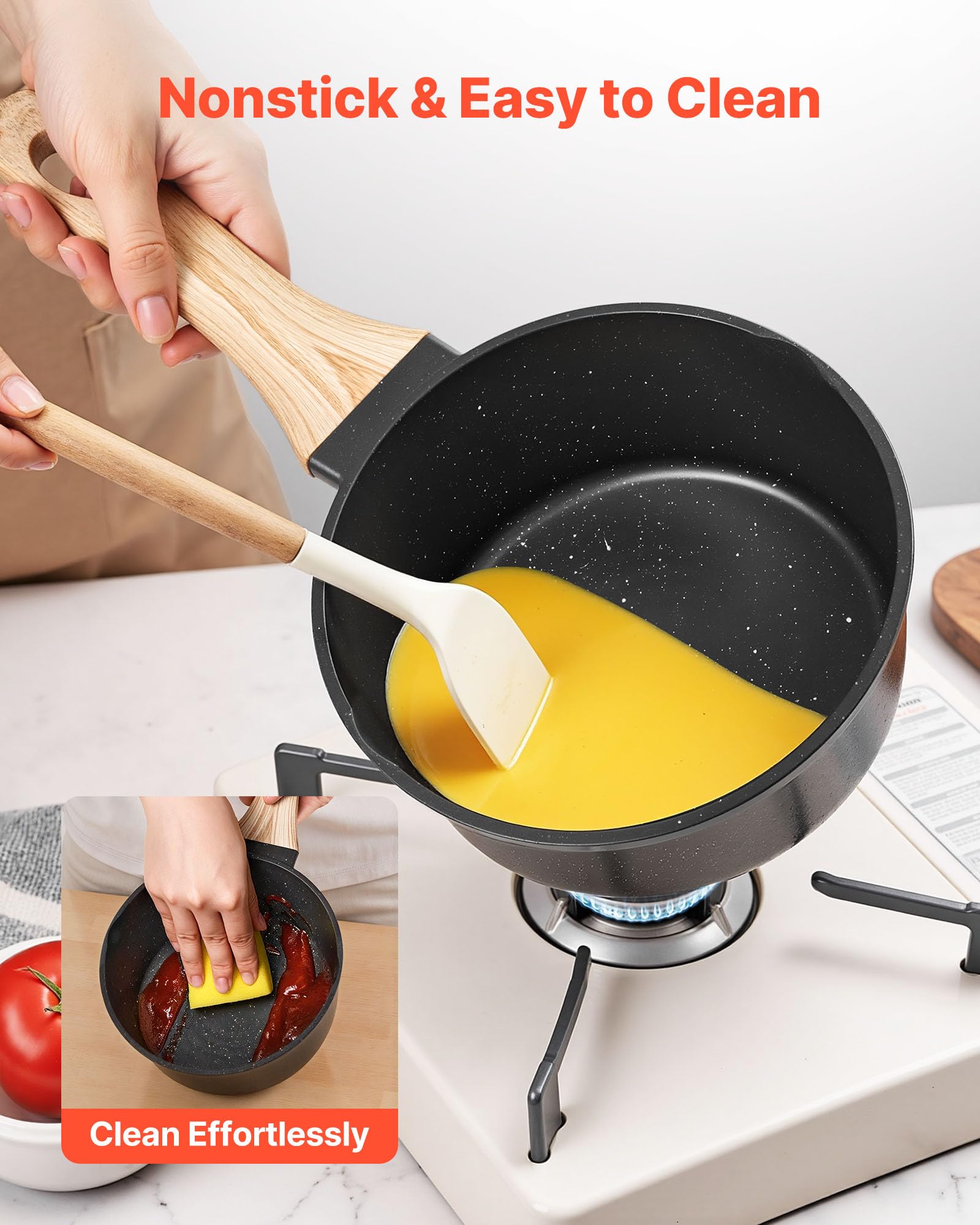 VEVOR Pentola Antiaderente, Grande Capacità 2,37 L con Coperchio in Vetro Temperato, Pentola per Zuppa e Verdure con Manico Rimovibile, per Latte e Verdure in Lega di Alluminio, Nera