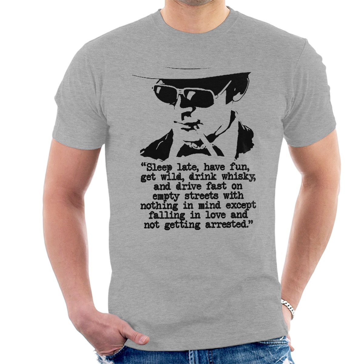 Cloud City 7 Men's Heather Grey Hunter S Thompson Quote Sleep Late Have Fun T-Shirt