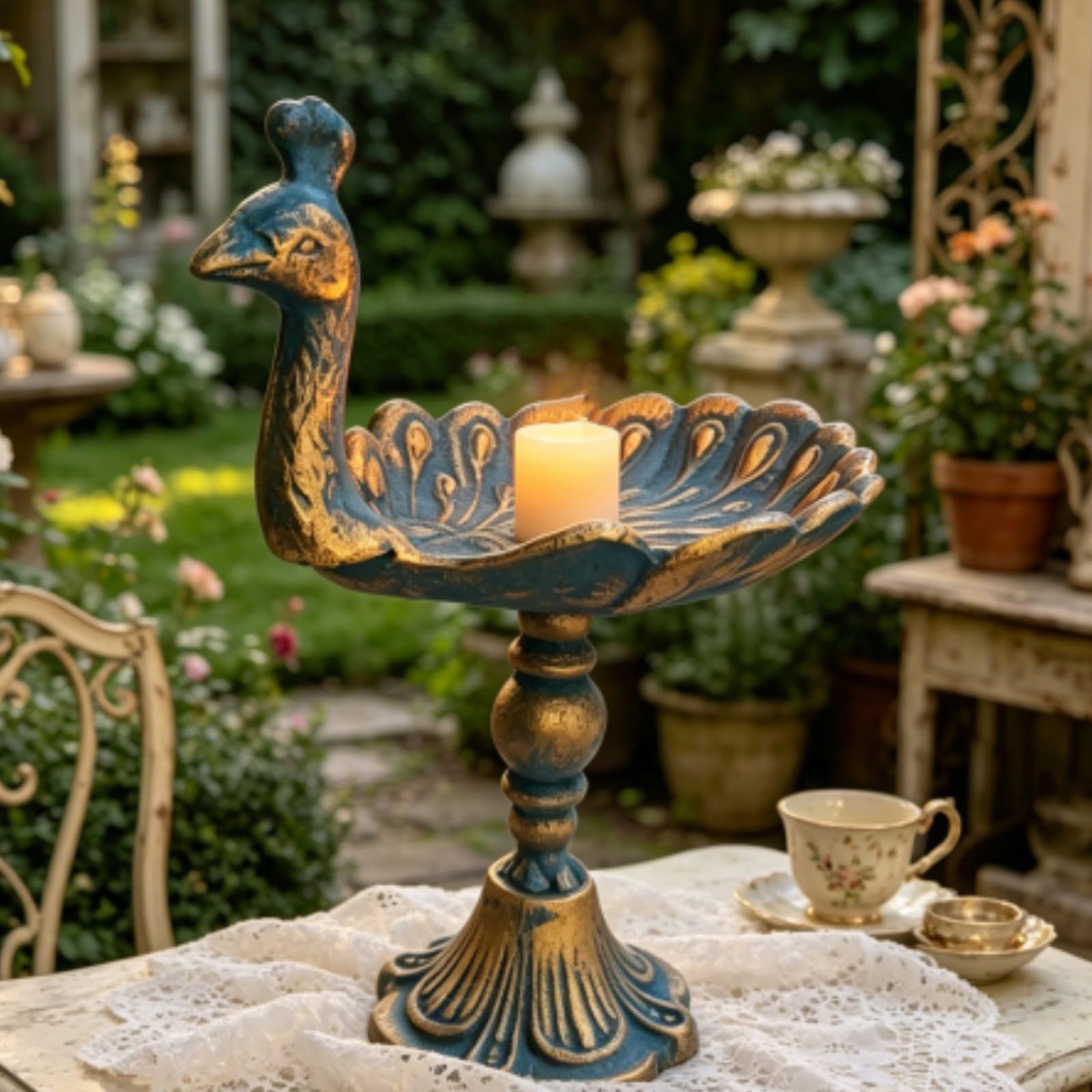 Vogelhalter für den Garten, Gusseisen, Vintage-Futterstation inspirierter Akzent für Terrasse, Hof, Tisch-Display mit Sockel, Ständer, Vogeltablett, antikes Dekor, Innenhof-Ornament-Regal