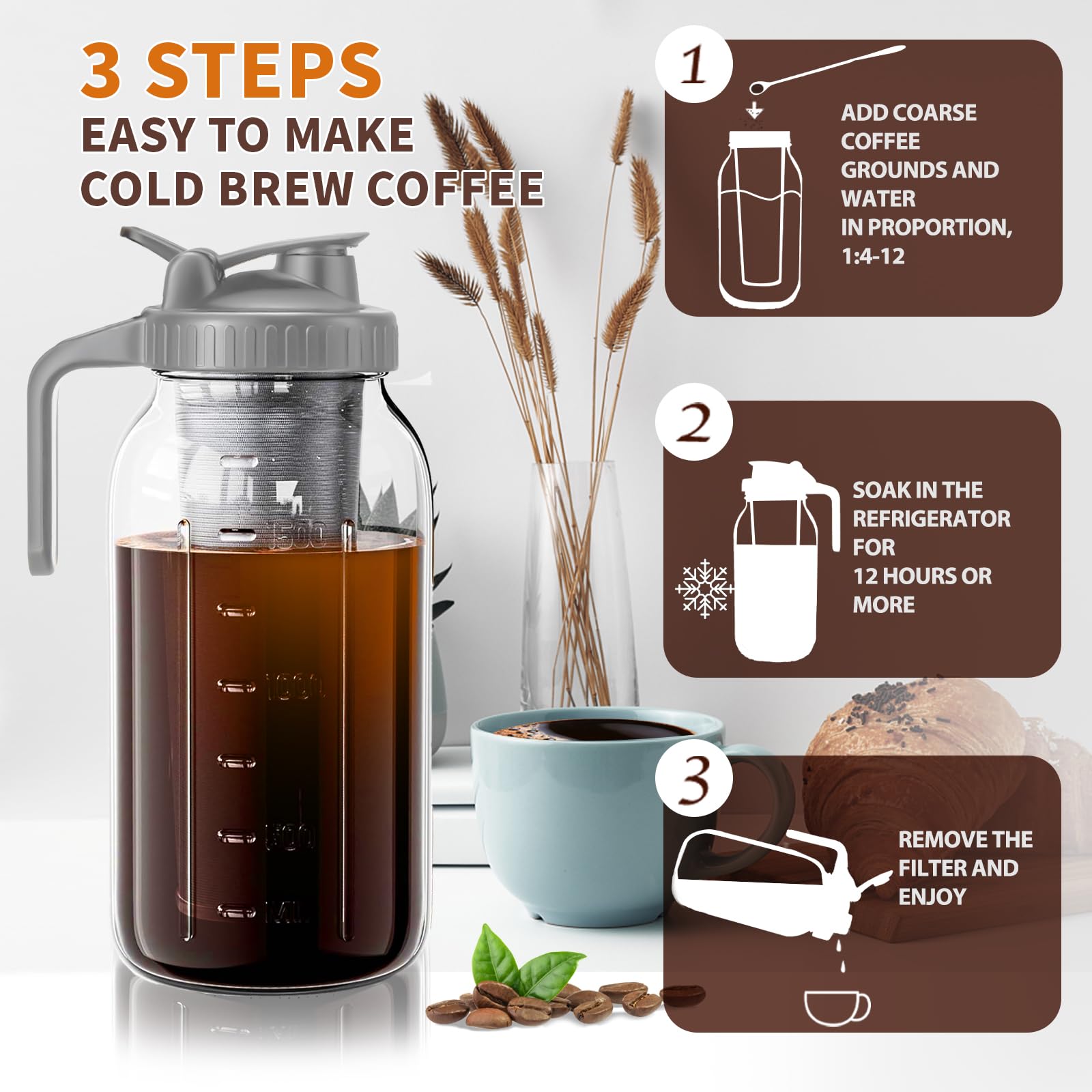 Cafetière à infusion froide 1,8 L, filtre, pichet en verre épais, couvercle étanche, brosse sans BPA, passe au lave-vaisselle (gris)