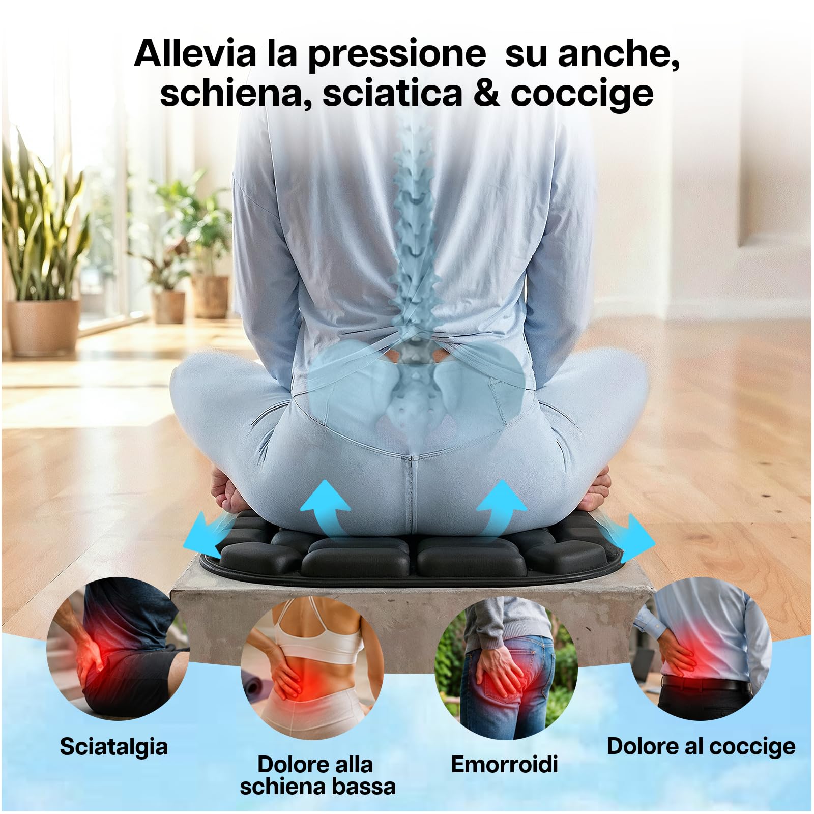 MMOBIEL Cuscino da Viaggio Gonfiabile Cuscino Portatile Sedia con Bolle d'Aria, Borsa Portaoggetti & Base Antiscivolo – Sollievo dalla Pressione Coccige & Emorroidi – Ufficio, Campeggio & Stadio