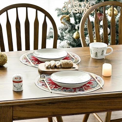 Miniatura 4 de Artoid Mode Juego de 6 manteles individuales redondos de Navidad con diseño de copo de nieve de pino de Navidad, manteles individuales redondos de