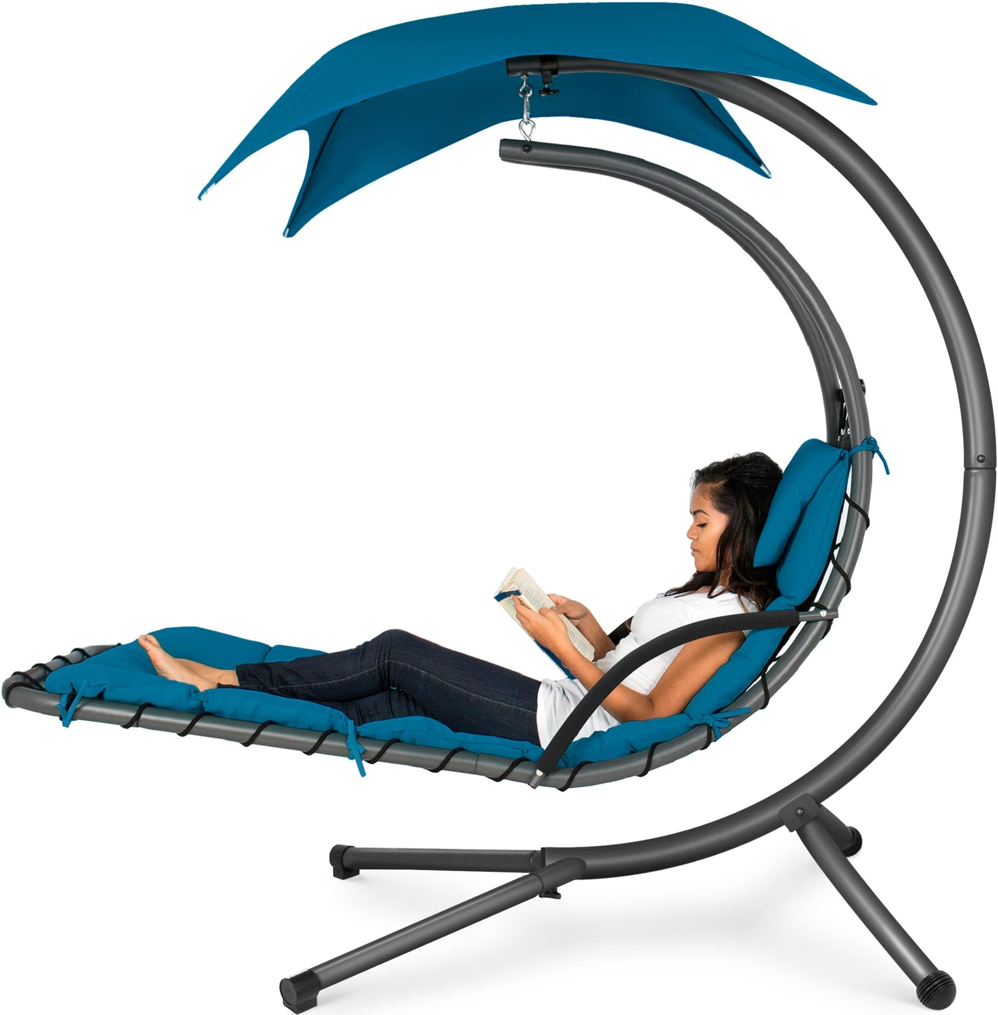 Best Choice Products Outdoor Hanging Curved Steel Chaise Lounge Chair Swing w/Built-in Pillow and Removable Canopy - Peacock Blue