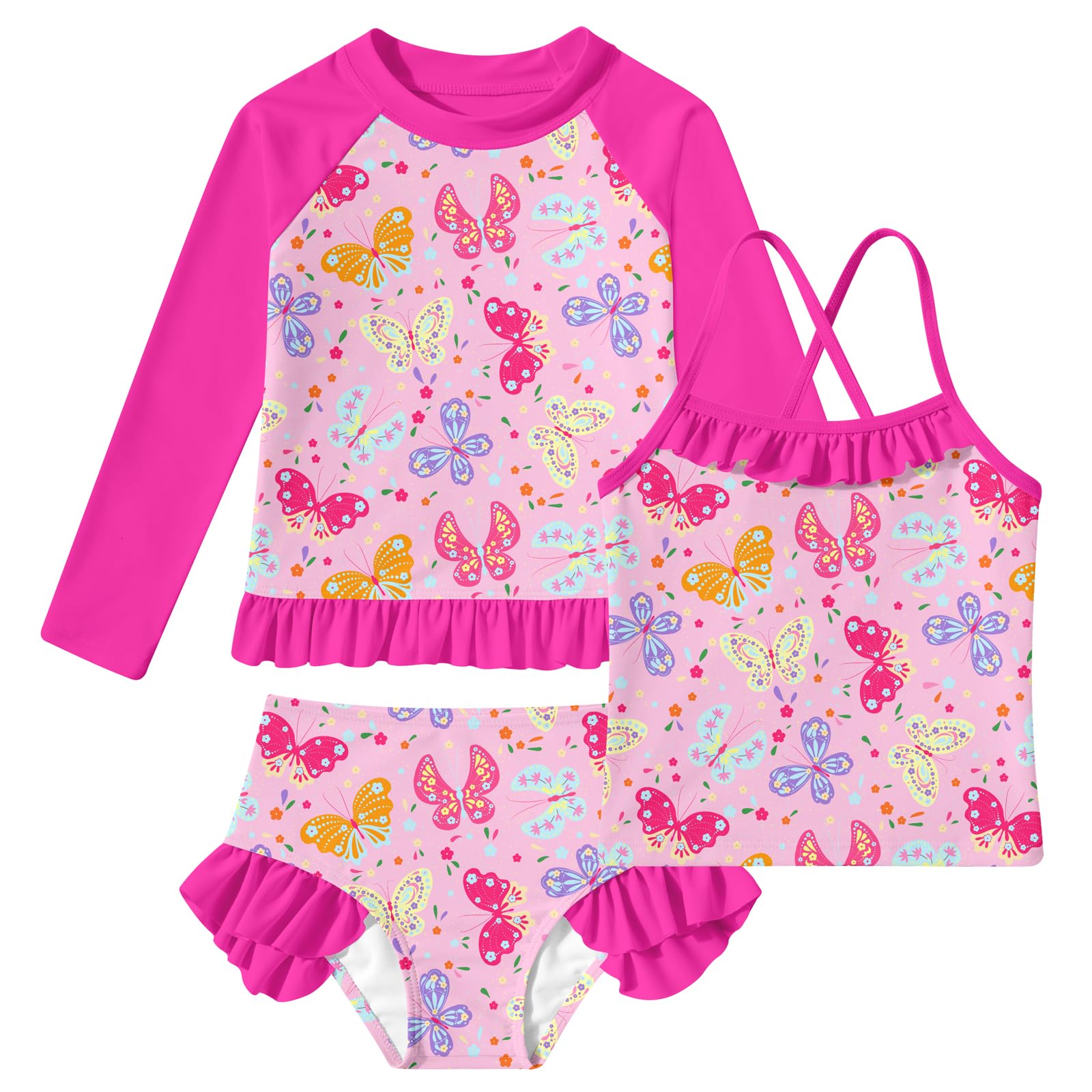 BFUSTYLE Girls Swimsuit 3 Pieces Rash Guard Kids Bathing Suit 3-8 Years | Funny Sun Protection Quick Dry Summer Beach Long Sleeves Swimwear Tankini Set