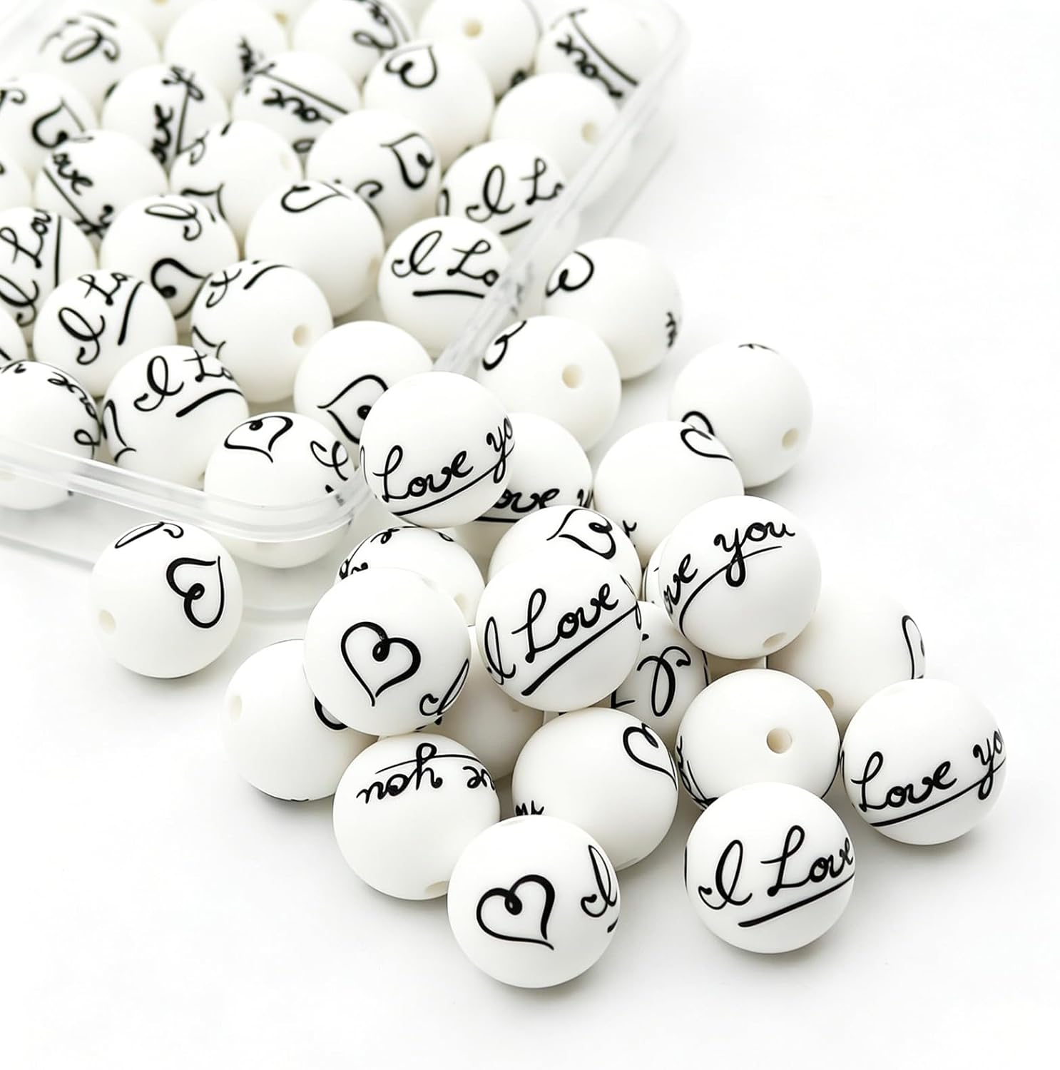 30PCS I Love You Silicone Focal Beads 15mm - Romantic Black & White Heart Printed Beads for Beadable Pens, Keychains & DIY Jewelry Making -Loose Beads with Storage Box for Handmade Gifts