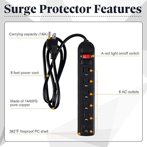 Miniatura 2 de Hoteam 10 regletas de alimentación a granel de 6 salidas con protector de sobretensiones, cable de extensión eléctrica con interruptor, enchufe de