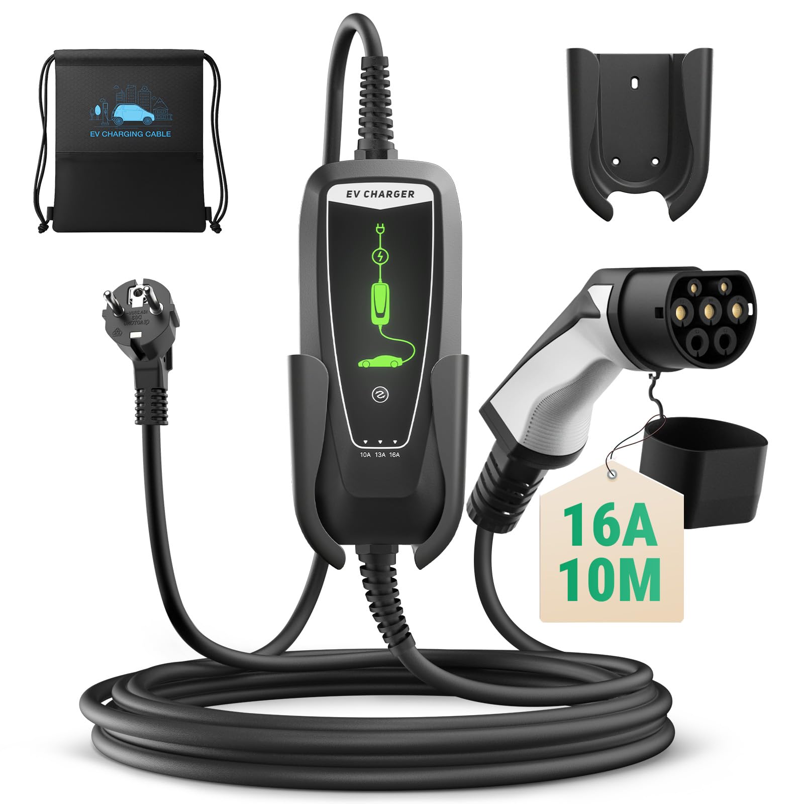 Kabel ładujący EV typu 2 z zestykiem ochronnym, 2-pinowy, 3,68 kW, jednofazowy [10-16 A] ładowarka EV z kablem do ładowania 10 m, wodoszczelna IP66, mobilna stacja ładująca z torbą do