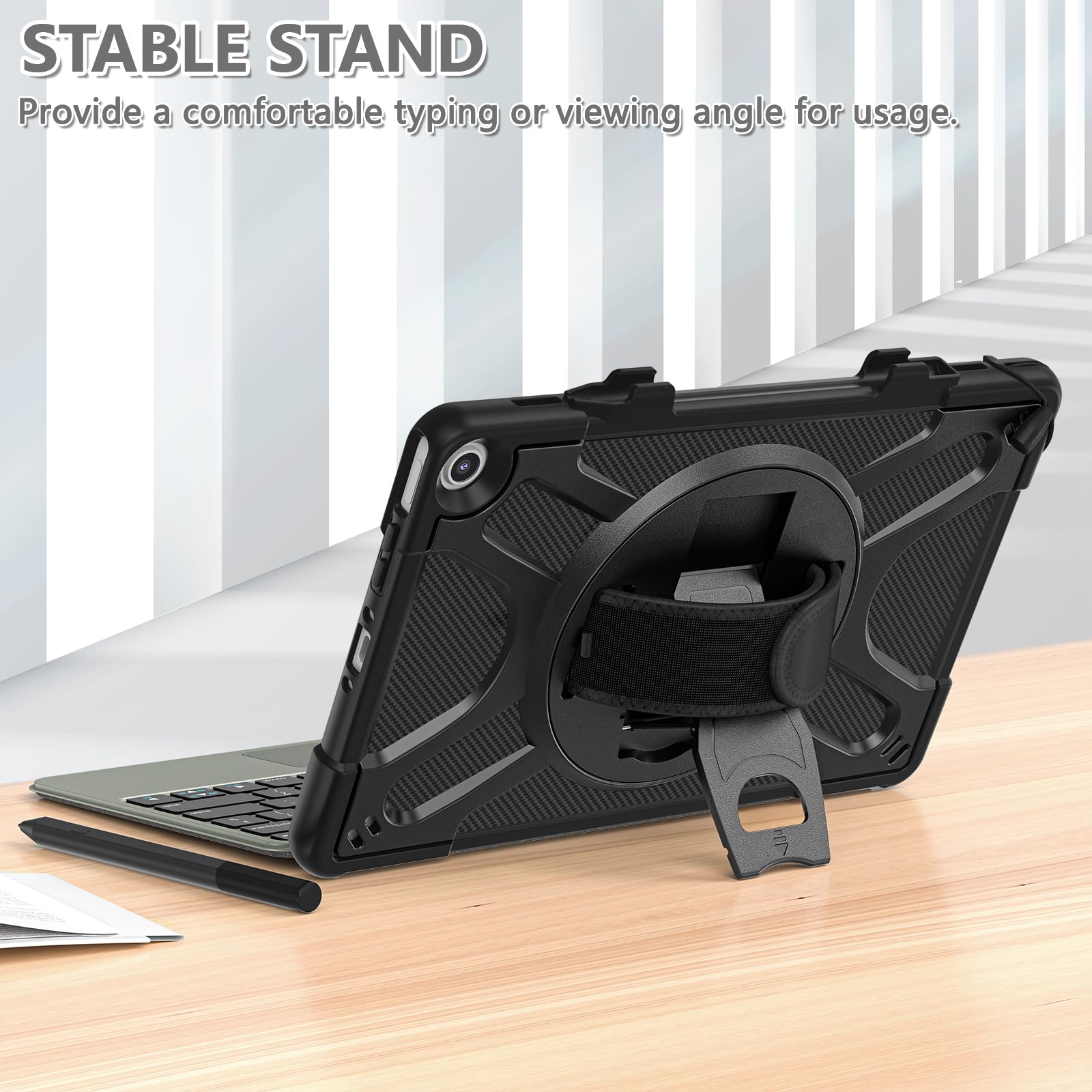 für Amazon Fire Max 11 Hülle 2023 Gen, Stoßfeste TPU Silikon Schutzhülle, Schwarz, Standfunktion, Handschlaufe, Tastaturbindeband, Verstellbarer Schultergurt, Integrierter Stifthalter