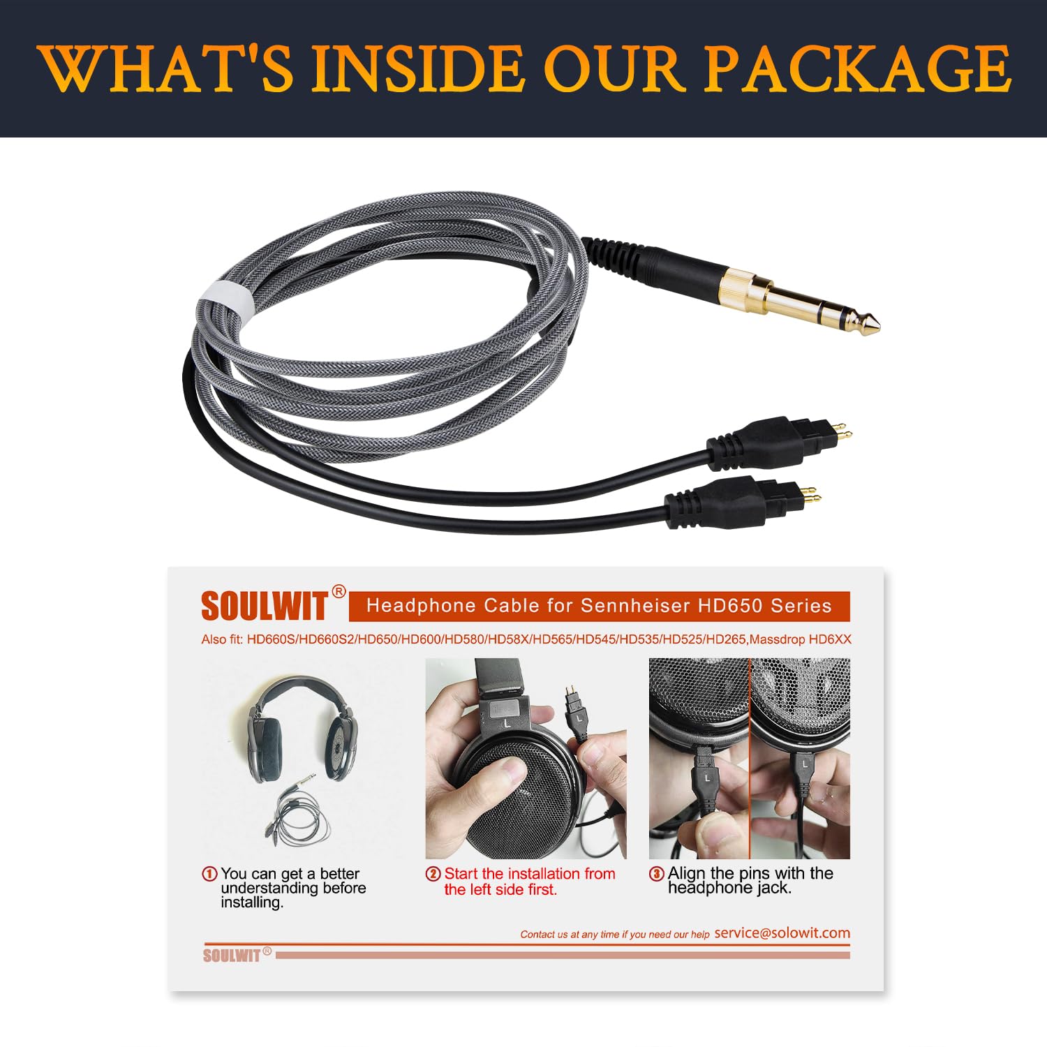 SOULWIT Cuffie Cavo Ricambio per Sennheiser HD660S/HD660S2/HD650/HD600/HD580/HD58X/HD565/HD545/HD535/HD525/HD265, Prolunga (rame OCC 6N) con 3,5 mm Spina e 6,35 mm Adattatore - Intrecciato (2 m)