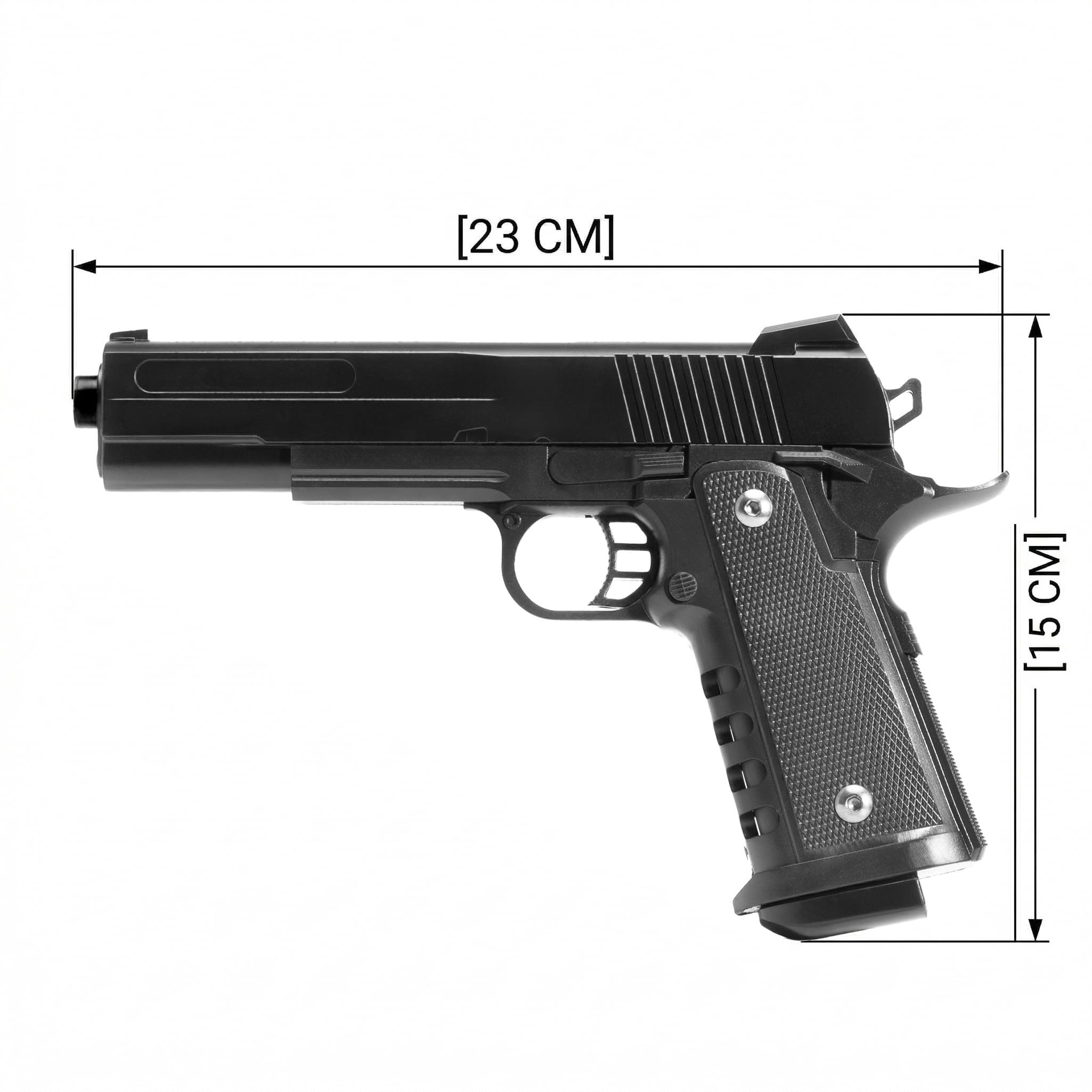 Pistola softair a molla Vigor V304, plastica, POTENZA 0,9 JOULE, caricatore 12 colpi, colpo singolo, 235x155x33mm 360g, bundle 1000 pallini calibro 6mm inclusi