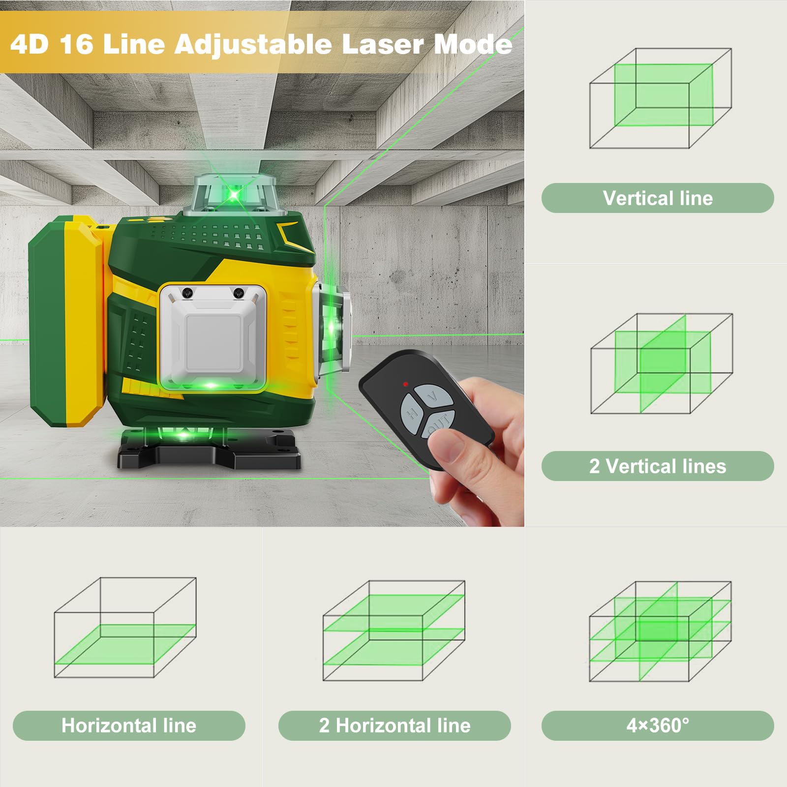 Huepar LS04CG -4x360 Kreuzlinienlaser Selbstnivellierend 16 Linien Grüner Strahl 4D Linienlaser