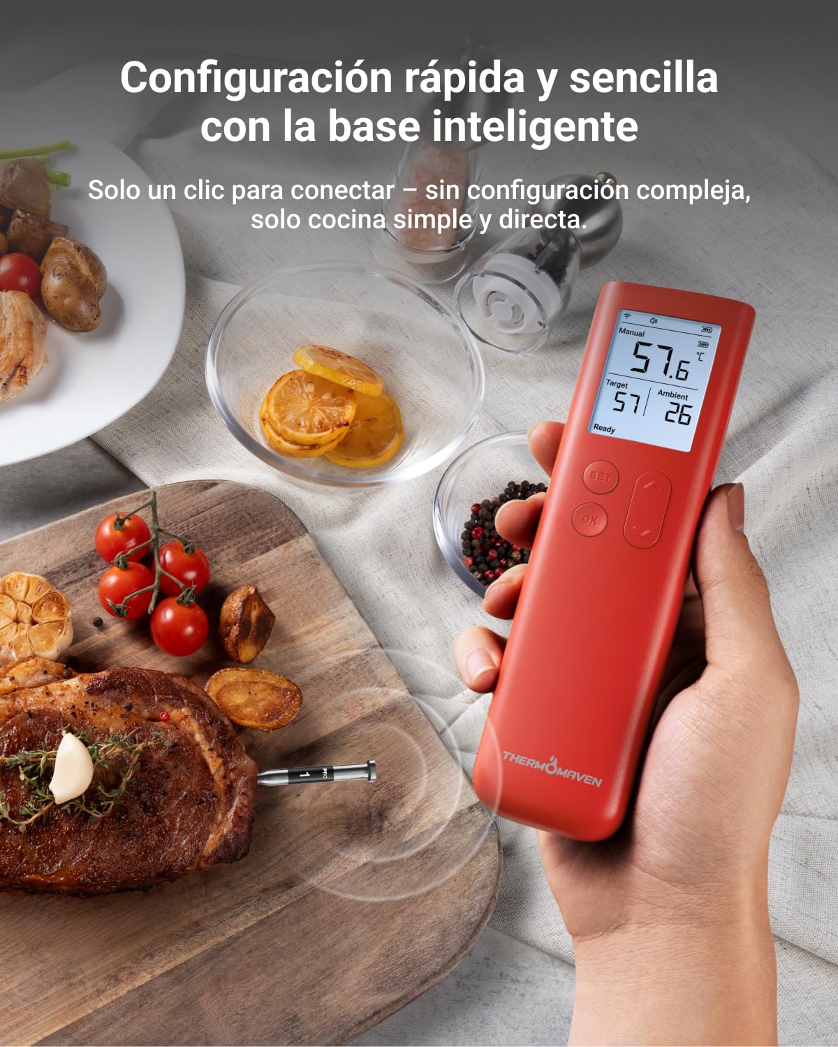 ThermoMaven G1 Termómetro para Carne Inalámbrico con Pantalla Inteligente | WiFi y App, NIST ±0,3 °C, 915 m Sub-1G, 6 Sensores, IPX8 y 24 h para Barbacoa, Horno, Parrilla, Ahumador y Cocción Lenta