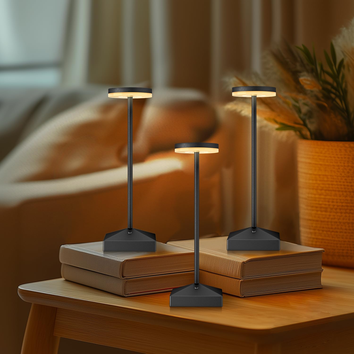 Confezione da 3 piccole lampade da tavolo ricaricabili senza fili, colore nero, dimmerabili | Senza fili, alimentato a batteria, luce notturna a LED portatile, per comodino, bagno, scrivania, esterno