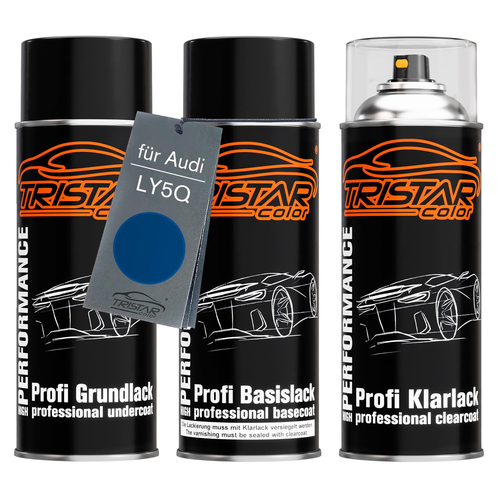 TRISTARcolor Autolack Spraydosen Set Für Audi LY5Q Sepangblau Metallic/Sepang Blue Metallic Grundlack Basislack Klarlack Sprühdose 400ml