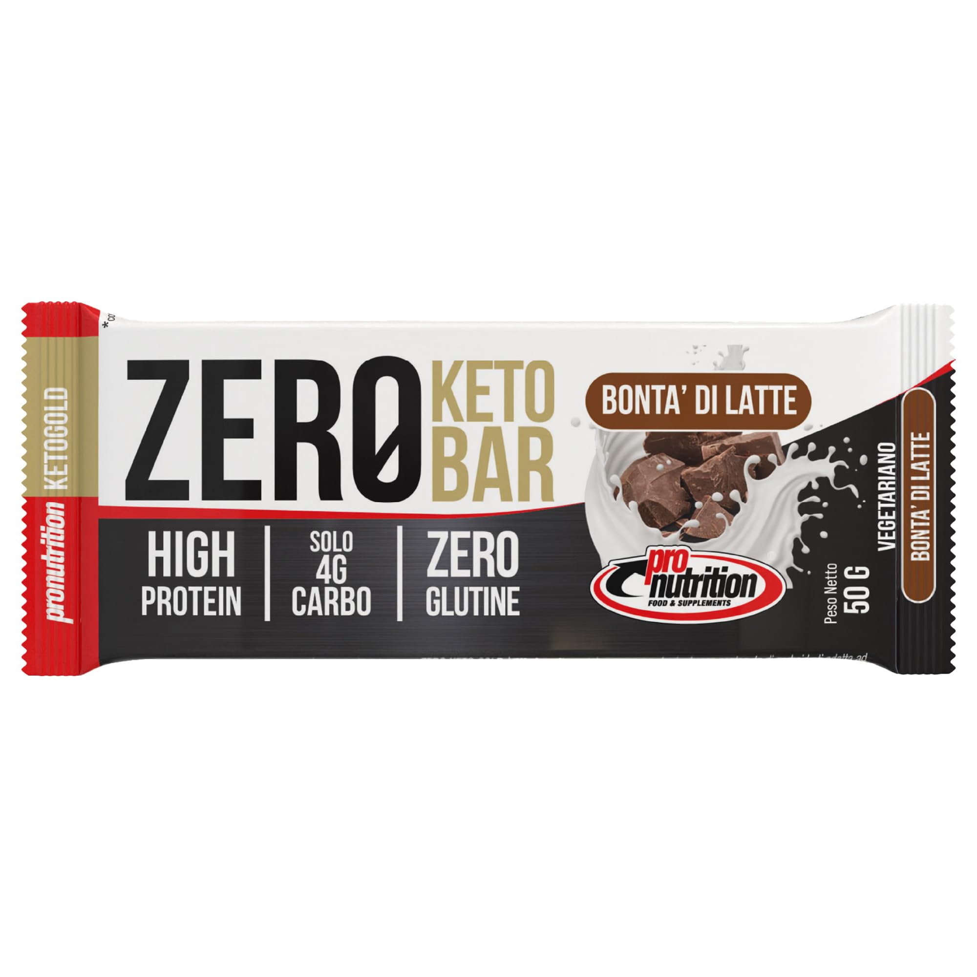 Pronutrition Zero Keto Bar Proteica 40% con Proteine Isolate del Siero del Latte – Barretta Low Carb con Solo 3,4 g Carboidrati, Senza Glutine, Gusto: Bontà di Latte