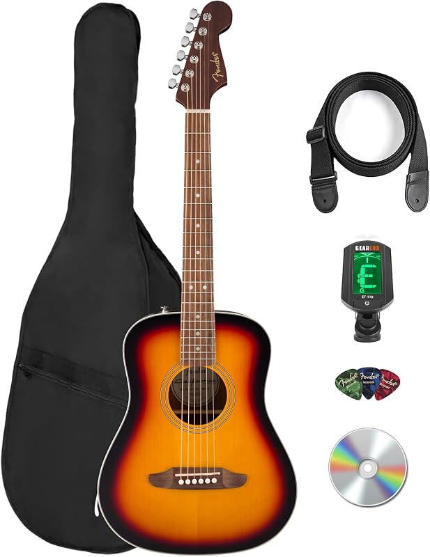 Guitarra acústica para niños California Standard Redondo Mini tamaño 3/4, paquete Sunburst con funda, afinador, correa, púas y DVD instructivo de Austin Bazaar