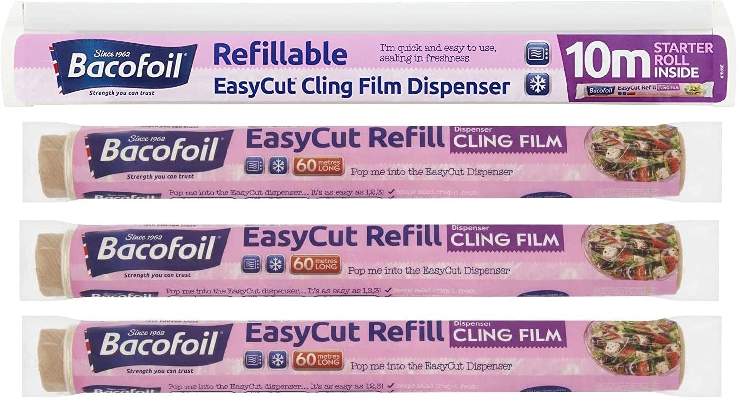 Bacofoil Easycut Cling Film Dispenser with 10m Refiil + 3 x Refill Packs 60m X 350mm