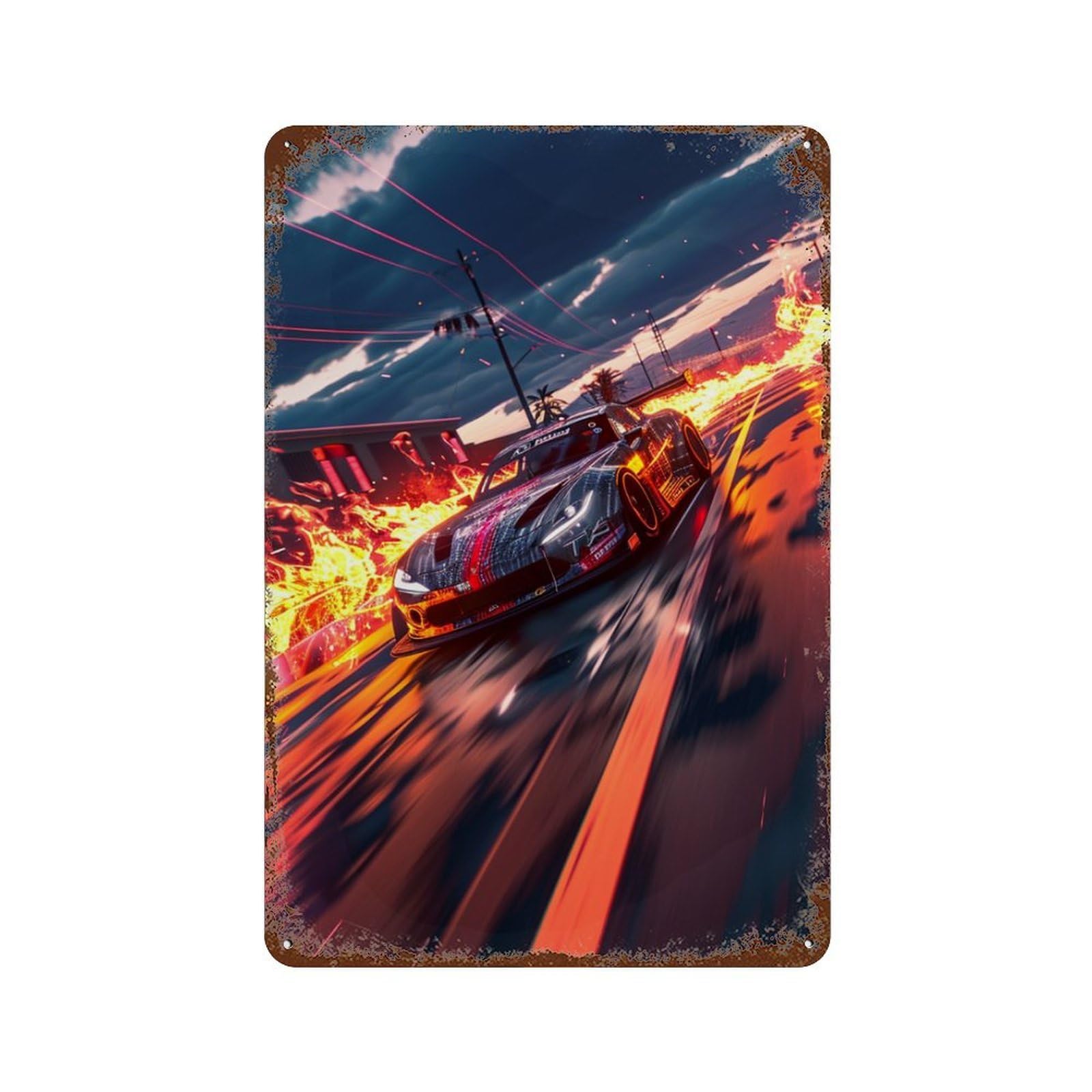 Distressed Metal Wall Sign Racing Car Speeding Through Flames 11.8"x7.9", Shabby Chic Decor for Patio, Garden Room And Bar Decor