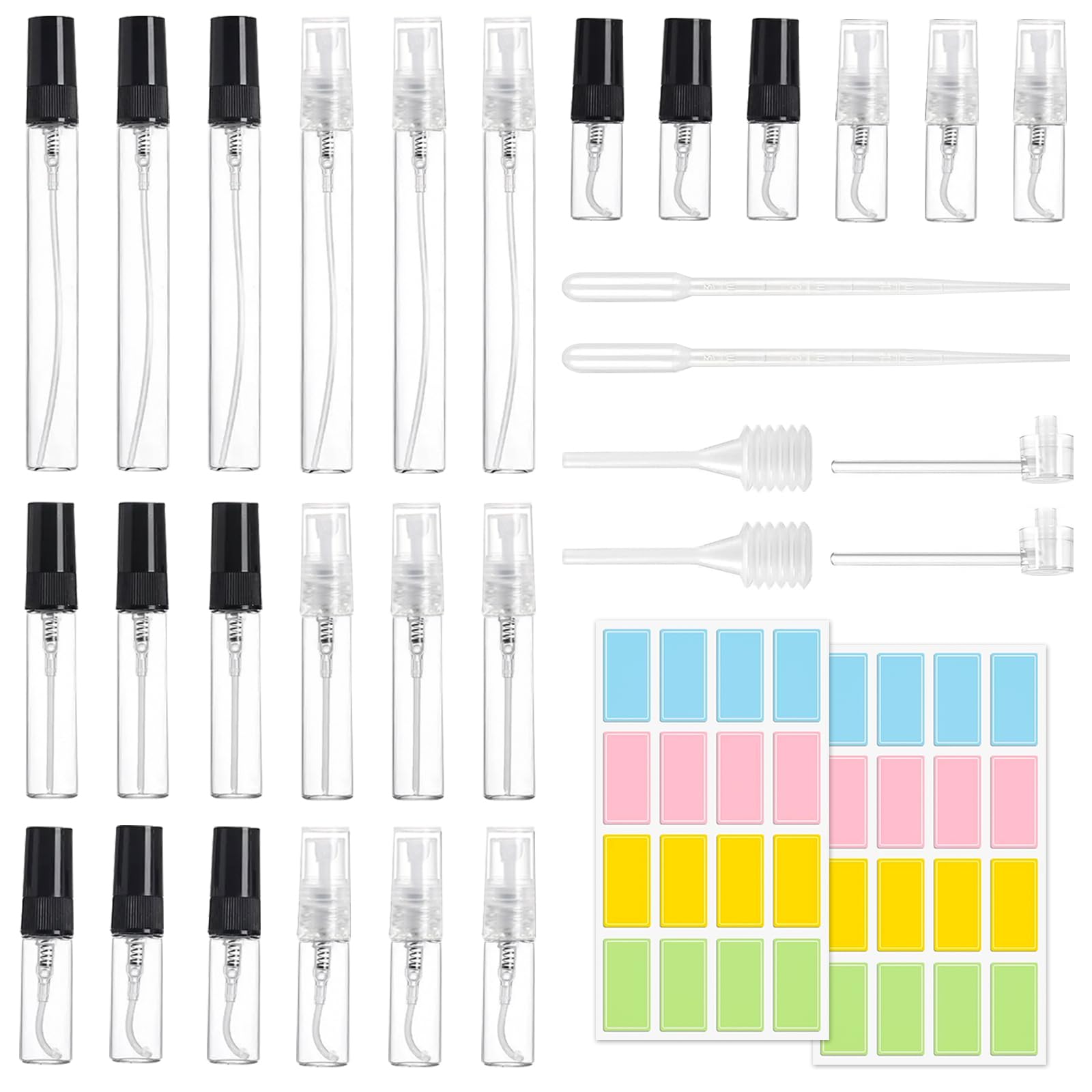 24 sztuki szklanych rozpylaczy do perfum – 2/3/5/10 ml, mini butelka z rozpylaczem, z pipetami i głowicą dociskową, przenośny, mały, przezroczysty atomizer do perfum (czarny/biały)