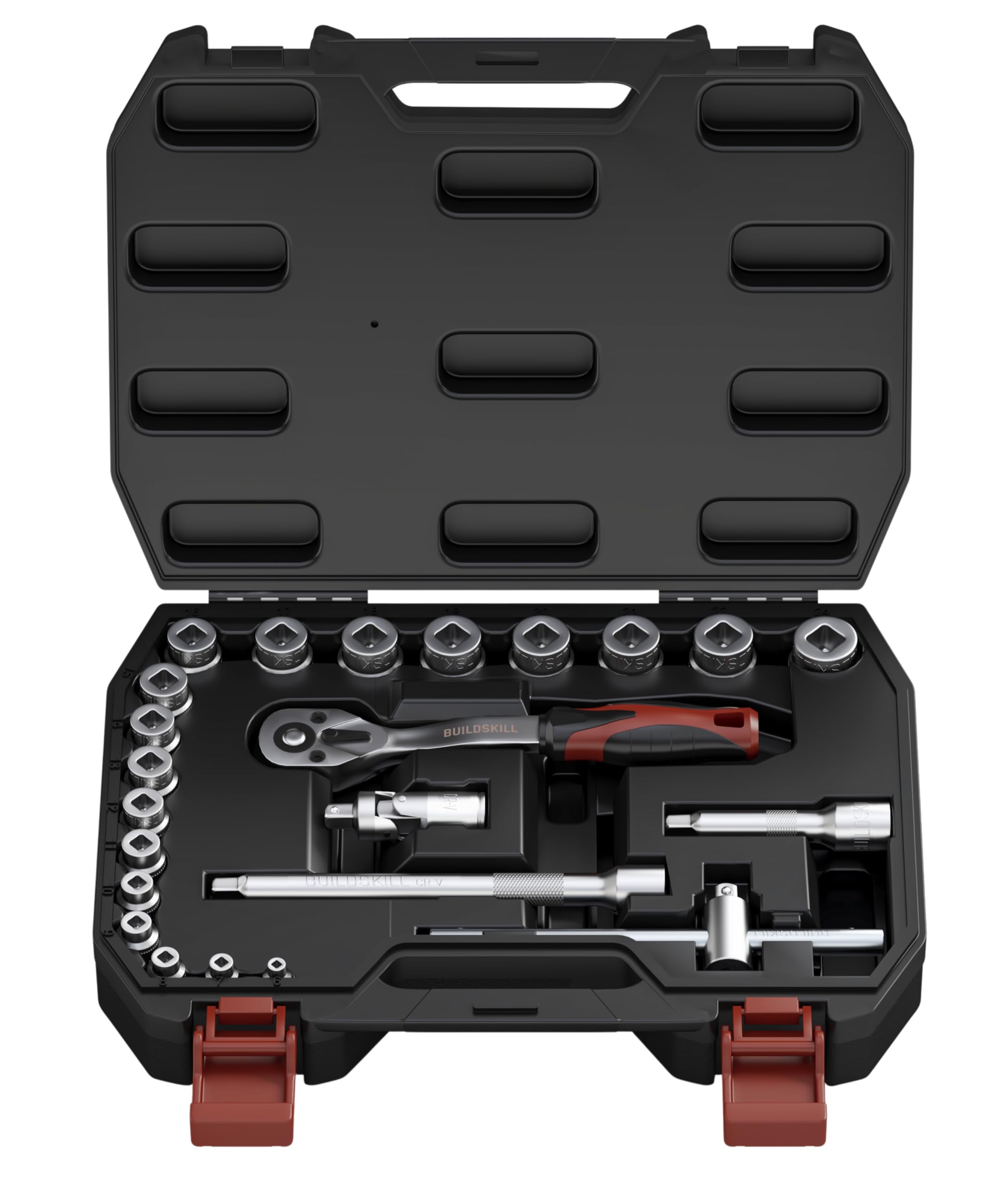 BUILDSKILL 3/8 inch socket set | 23 piece - heavy duty CR-V material | 3" & 6" extension bar | quick release reversible ratchet | TPR anti-slip grip | socket wrench set for car & bicycle repairing-image-45