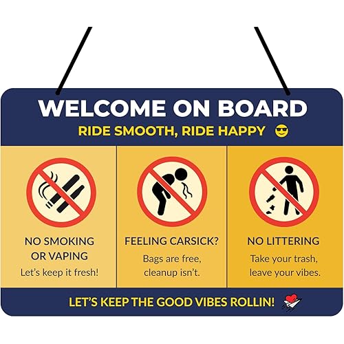 Funny Rideshare Car Sign – Double-Sided 9x6in Reminder for Passengers – No Smoking, No Littering, Tips Welcome – Waterproof PVC with 2 Hanging Strings – Perfect for Taxi & App-Based Drivers (Pack 1)