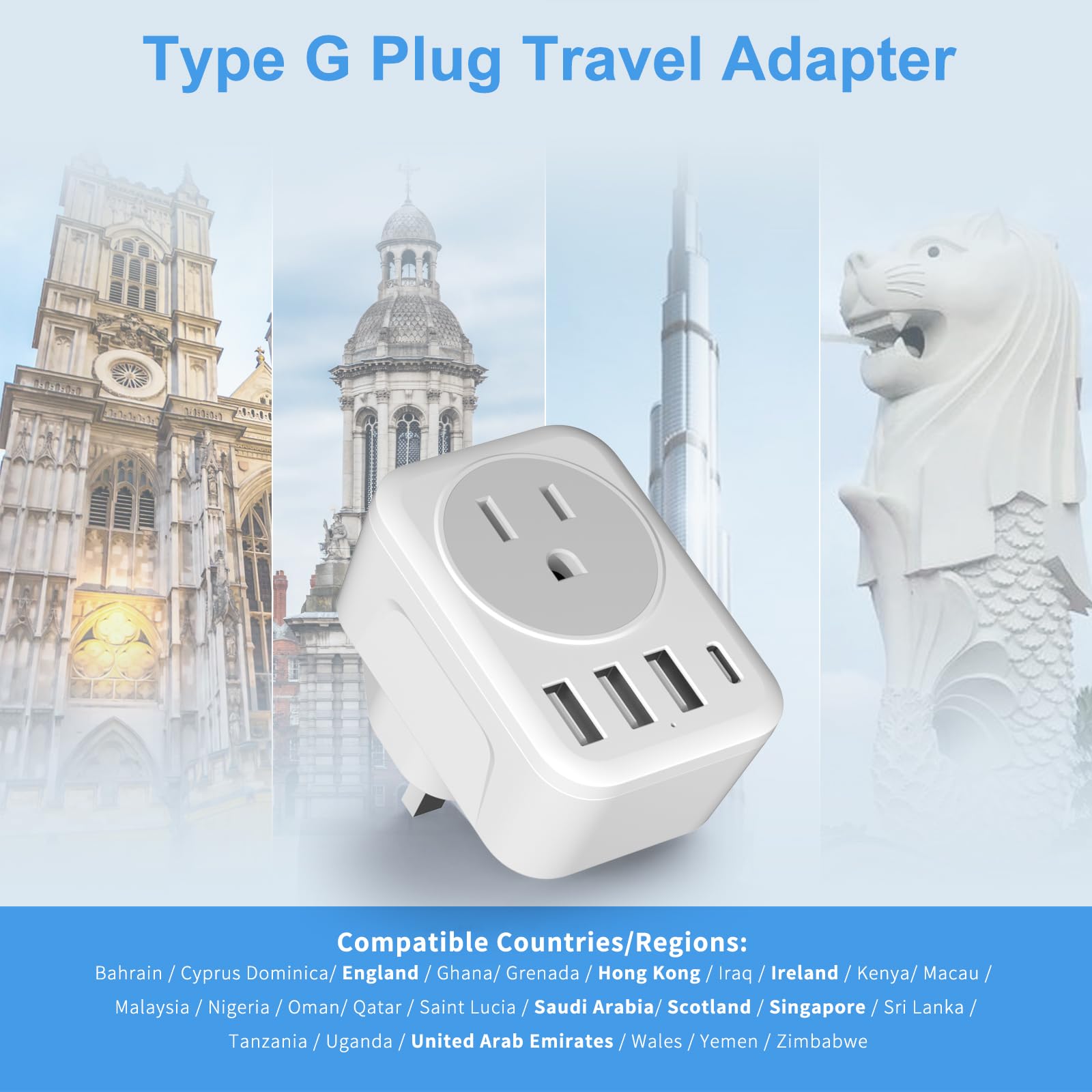 Reiseadapter für Irland Großbritannien, Typ G Netzadapter mit 3 USB-A, 1 USB-C-Ausgangsladegerät für die USA nach Schottland, London, England, Britisch, Irisch,