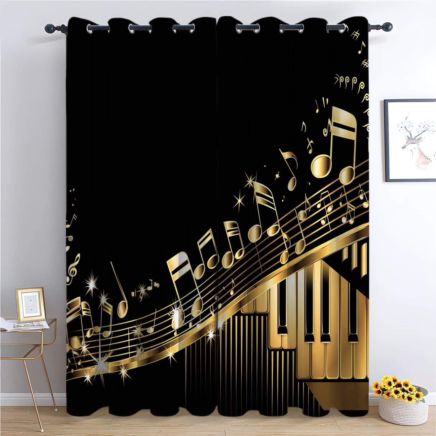Rideau de fenêtre touches piano dorées noires occultant 140x160
