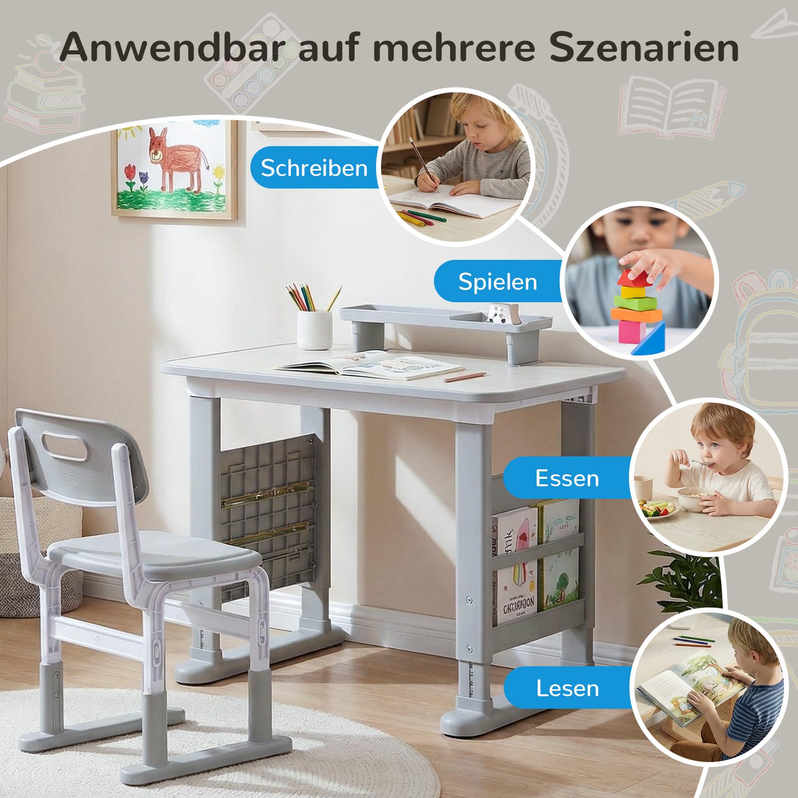 MAMIZO Höhenverstellbarer Kinderschreibtisch mit Stuhl Set, Graffiti-Tisch von 3-12 Jahren, Schreibtisch Kinder mit Seiten-Bücherregal & Ablagekasten, Ideal für Kinderzimmer & Arbeitszimmer (Grau)