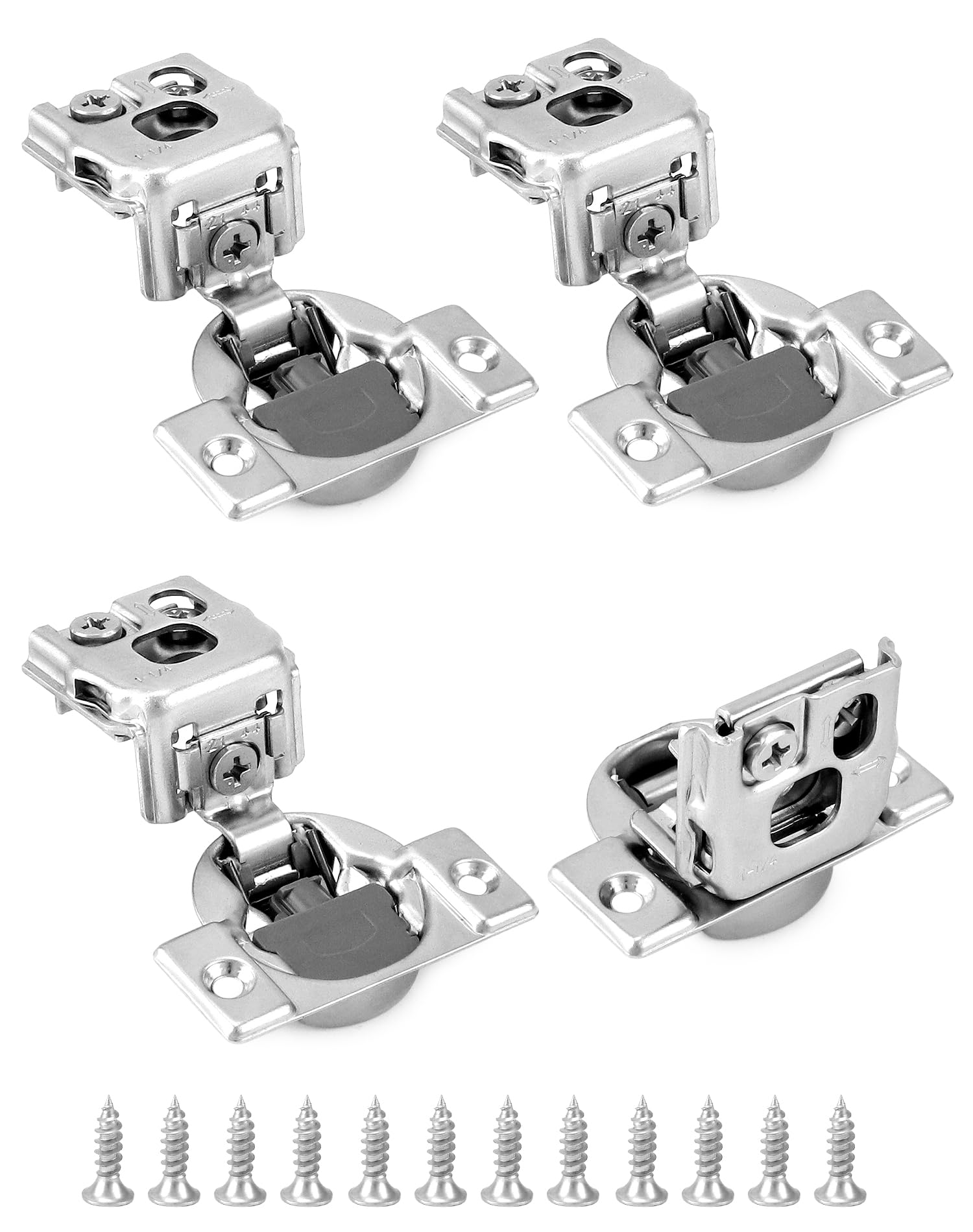 QWORK 4D Adjustable Soft Close Cabinet Hinges Pack of 4 1-1/4" Overlay Stainless Steel Concealed Hinges with Built-in Damper for Face Frame Doors, Satin Nickel Finish